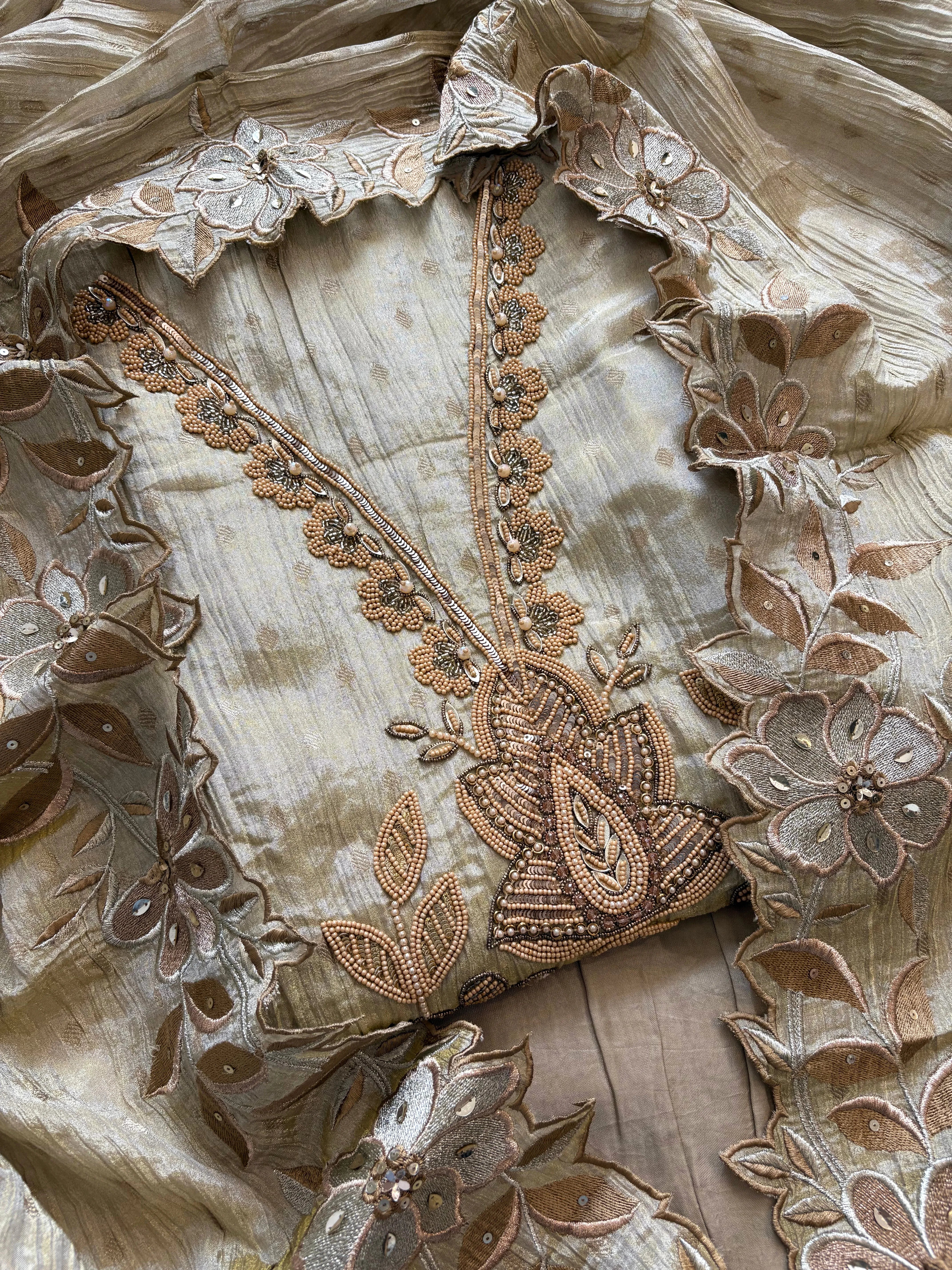 Shimmer tissue golden party wear unstitched suit - The Zareesh