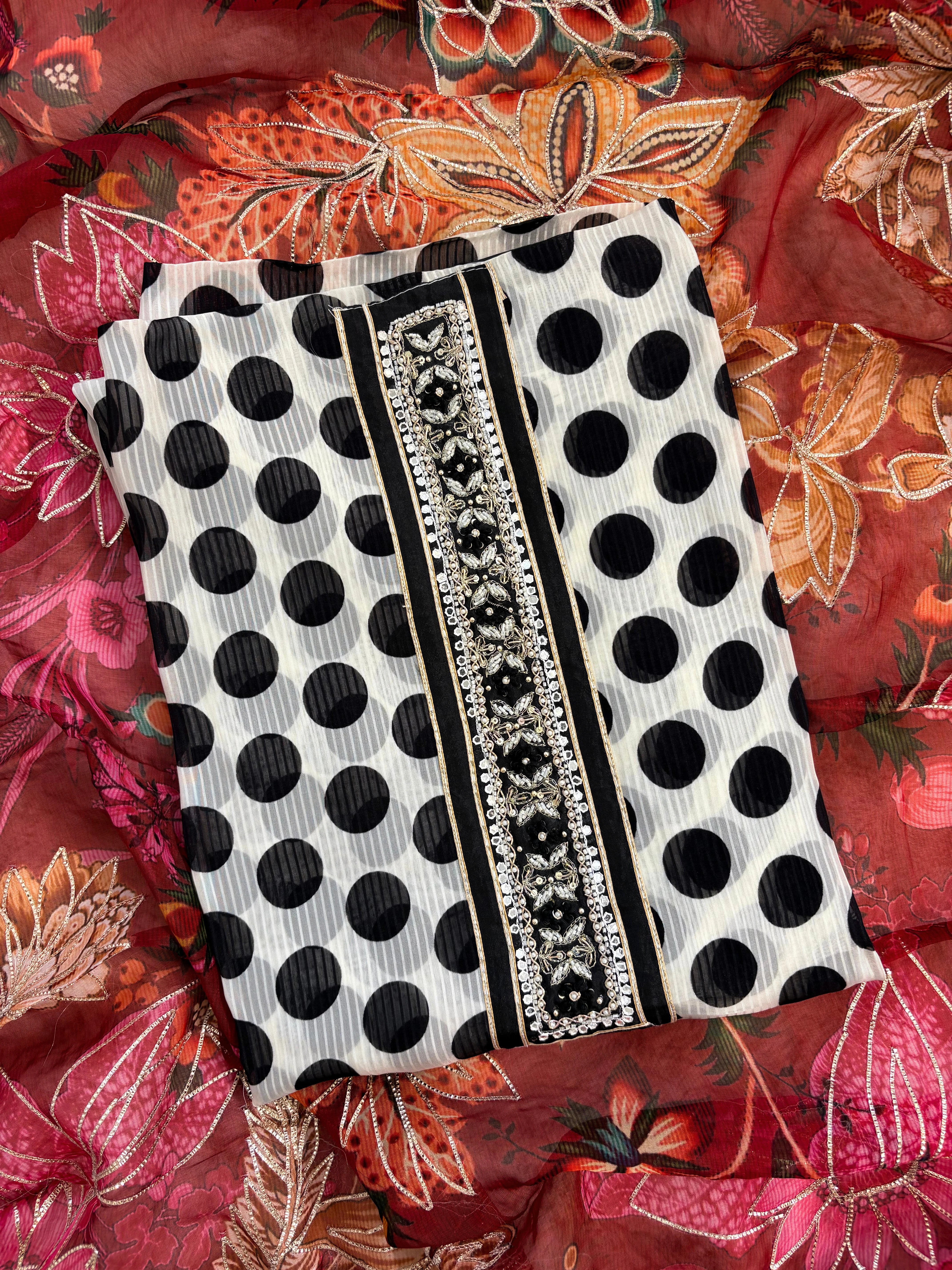 organza unstitched suit with polka dots print and multicolor dupatta