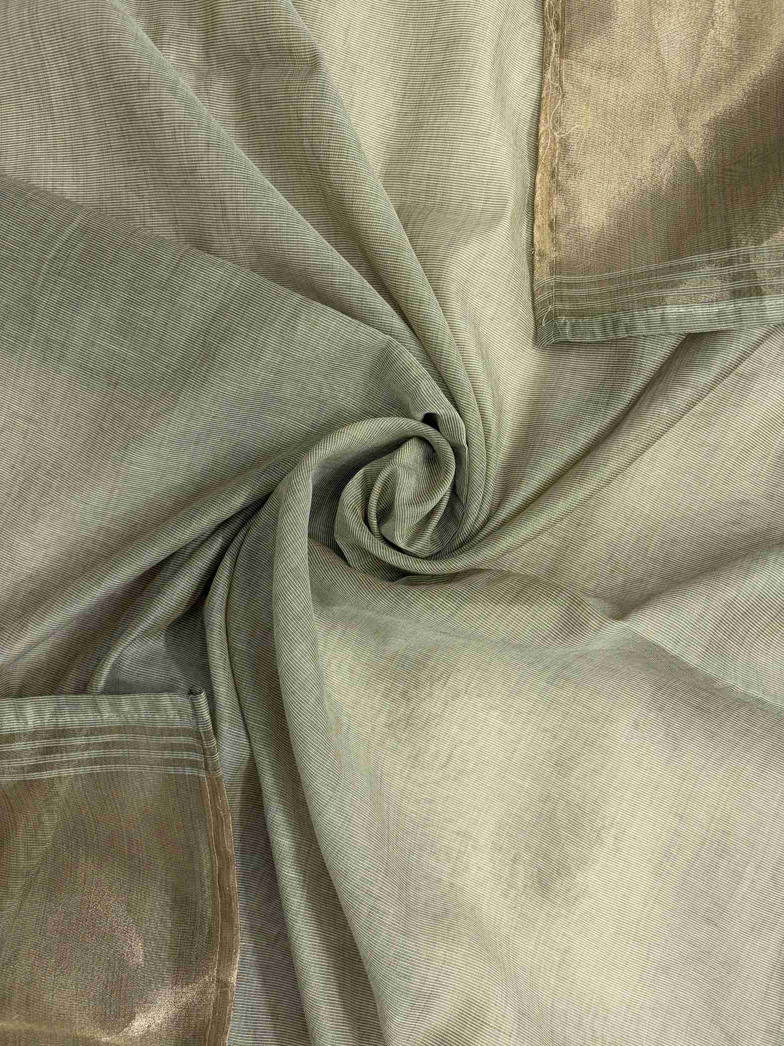 Sage Green Jamdani Cotton Unstitched Suit | Minimalist Applique Floral Neckline | Broad Gold Zari Patta Hemline & Applique Corner Dupatta Women's Suit