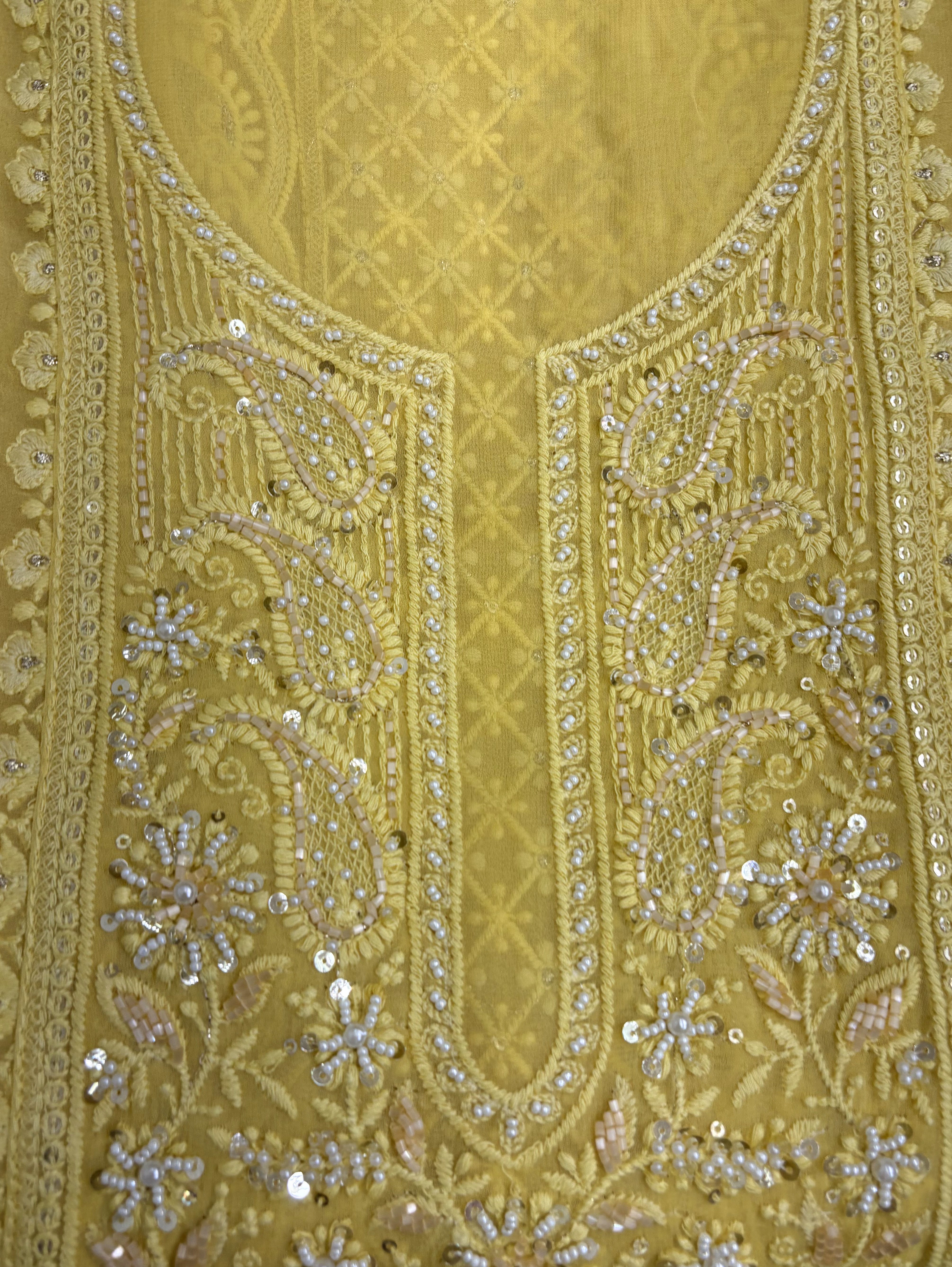 Yellow Georgette Unstitched Suit | Chikankari Work | Moti Bead Sequin Neckline & Geometric Panel Women's Suit