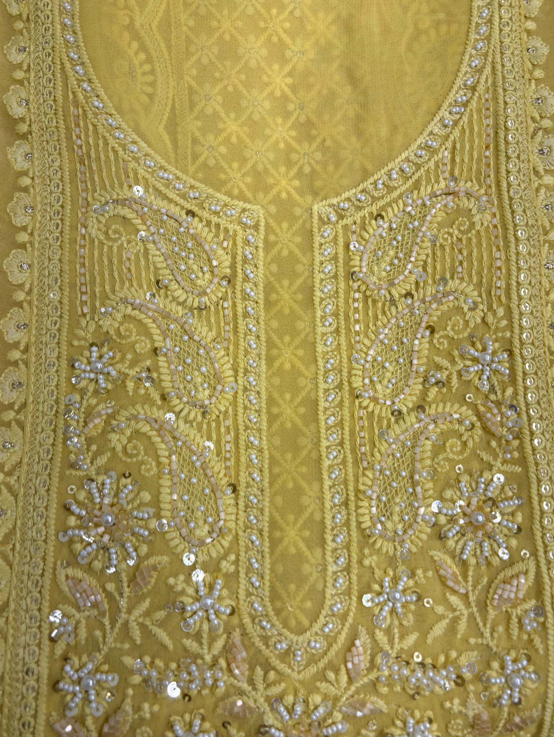 Yellow Georgette Unstitched Suit | Chikankari Work | Moti Bead Sequin Neckline & Geometric Panel Women's Suit