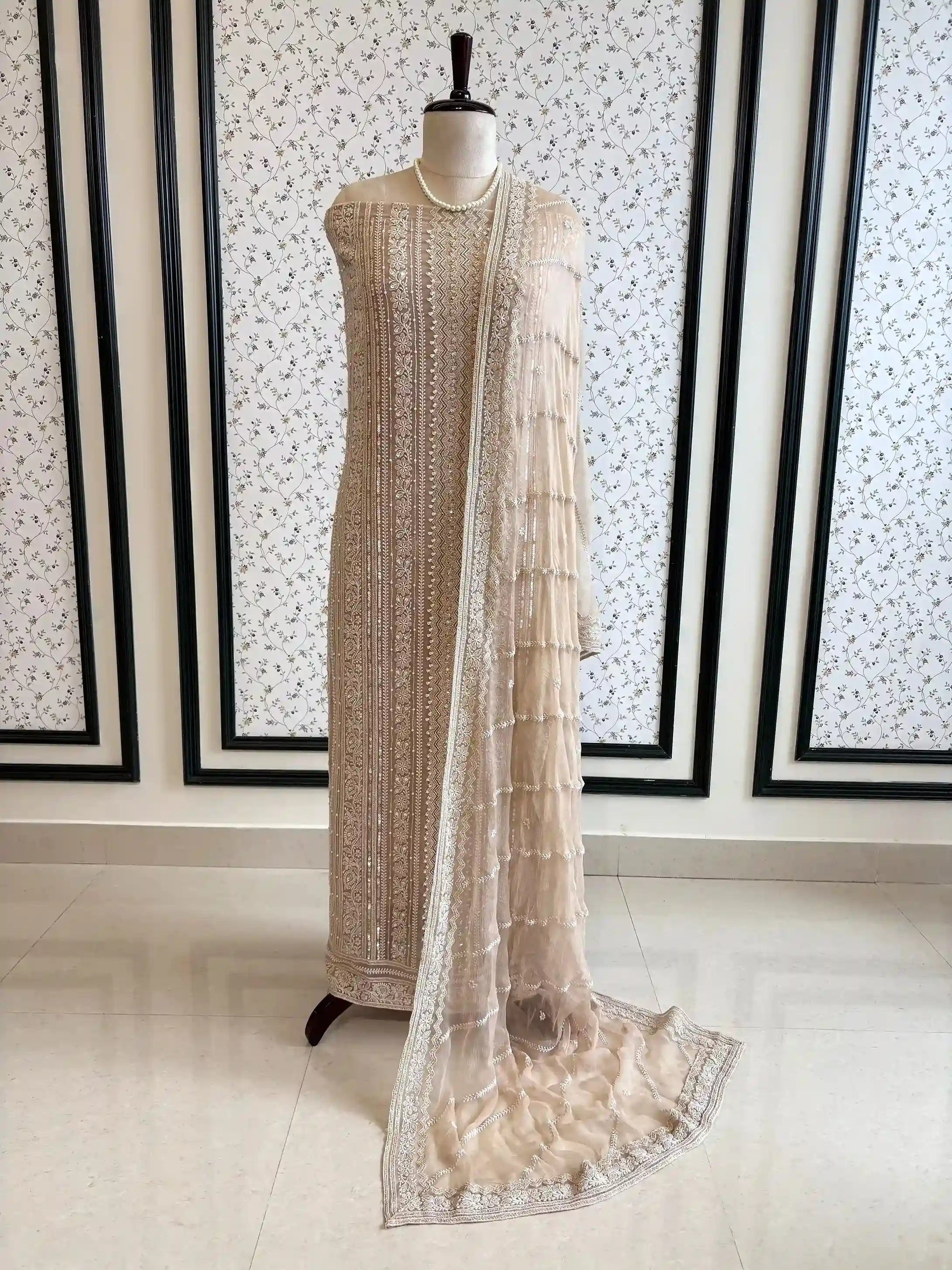 beige color georgette chikankari party wear unstitched suit for women