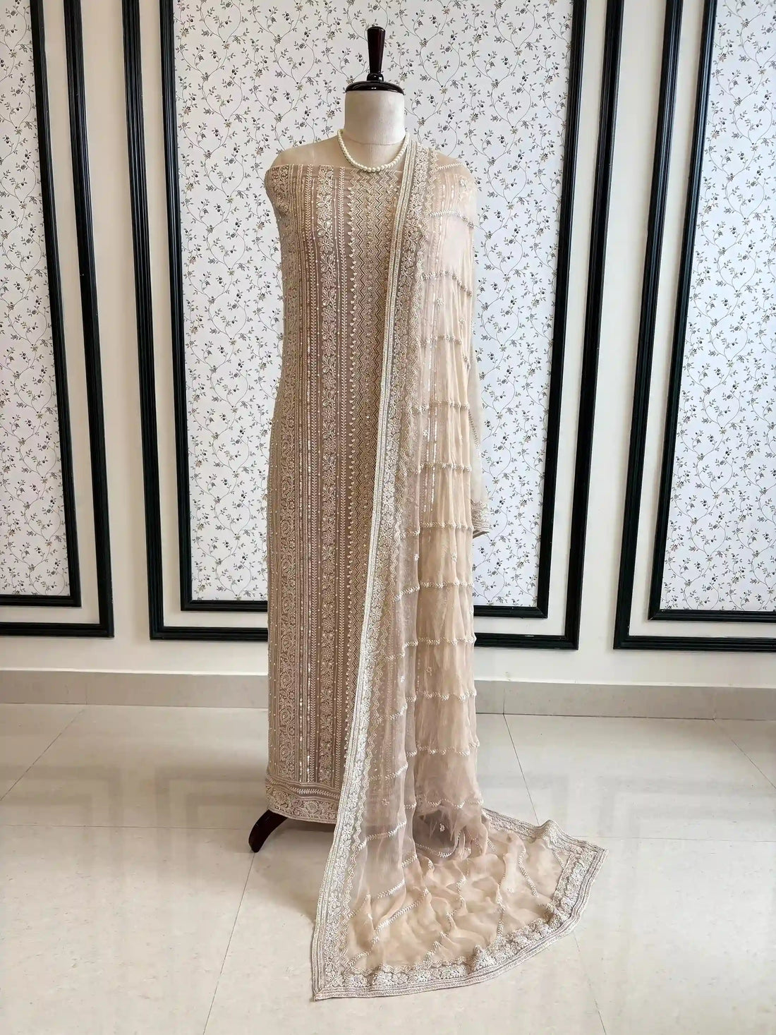 beige color georgette chikankari party wear unstitched suit for women