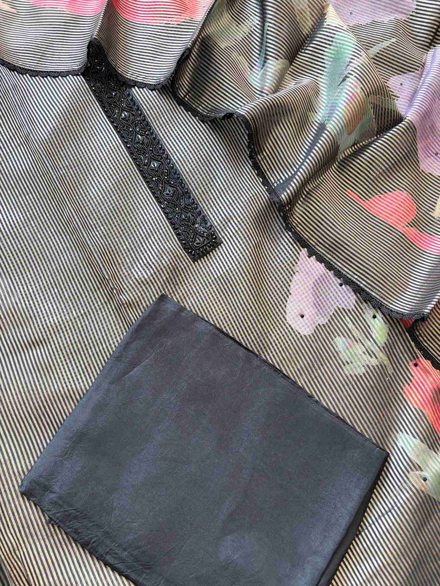 Soft Organza unstitched suit with neck patti design - The Zareesh