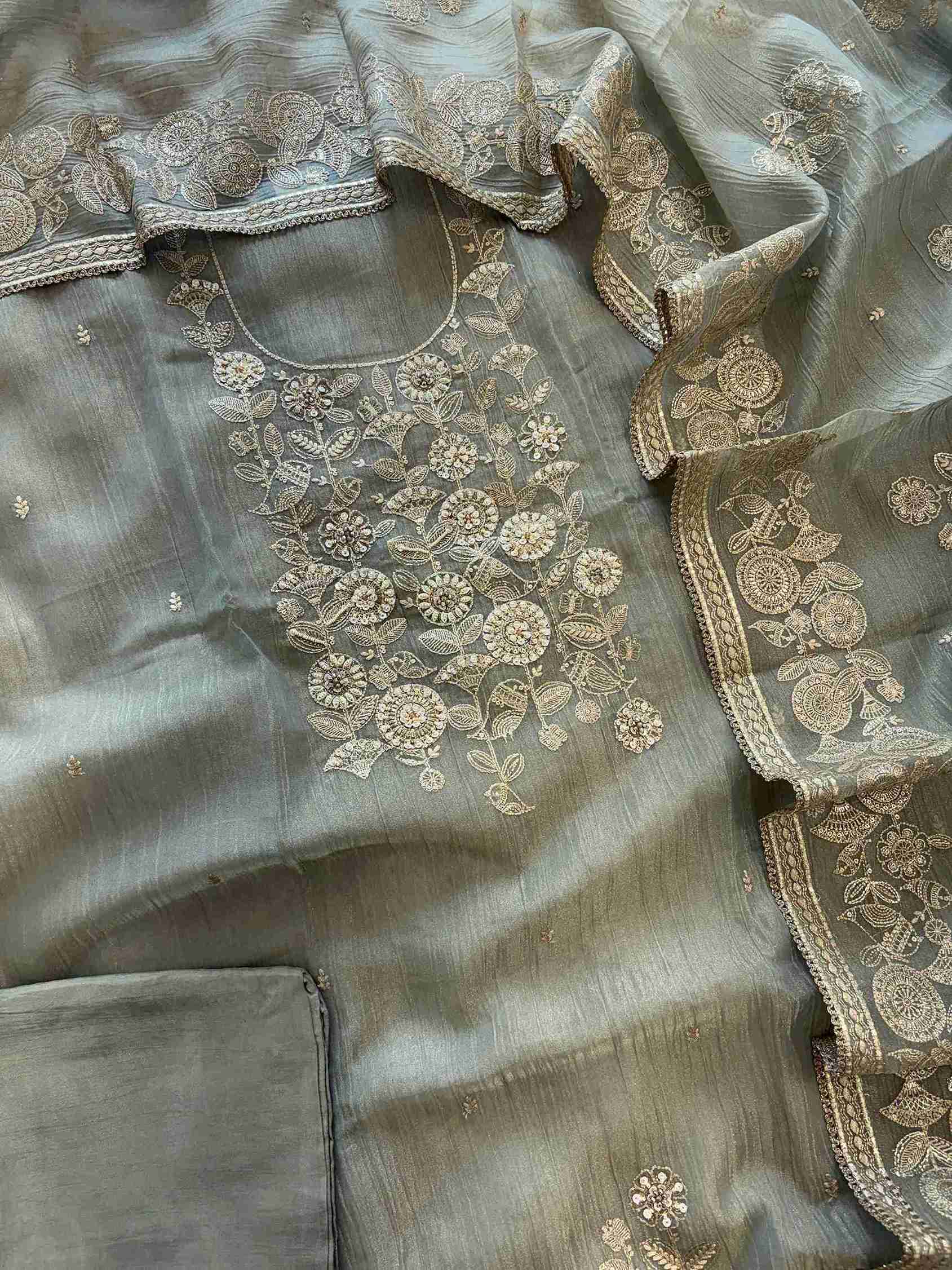 Pastel Green Crush Tissue Unstitched Suit with Pitta Work Neckline