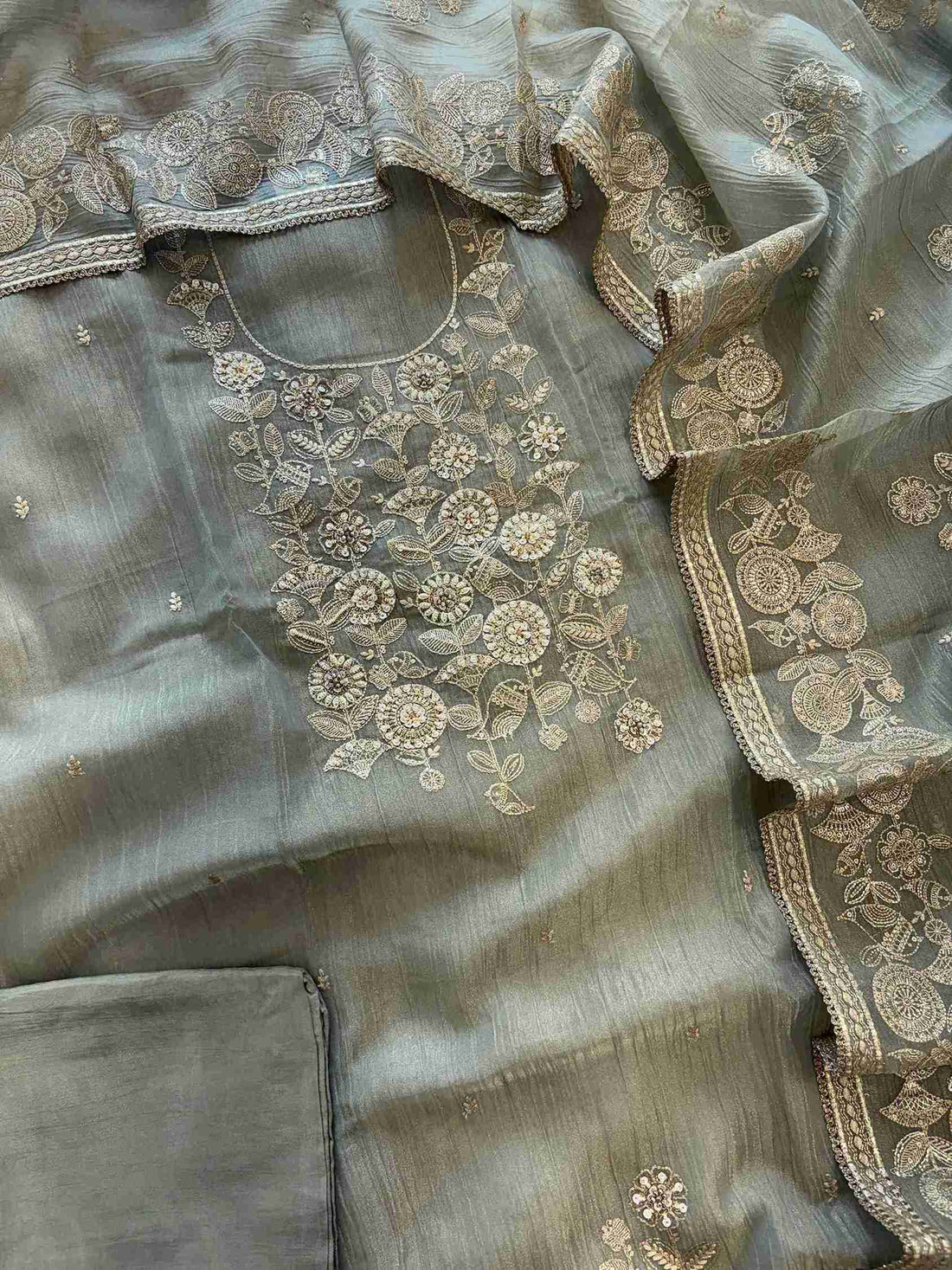 Pastel Green Crush Tissue Unstitched Suit with Pitta Work Neckline