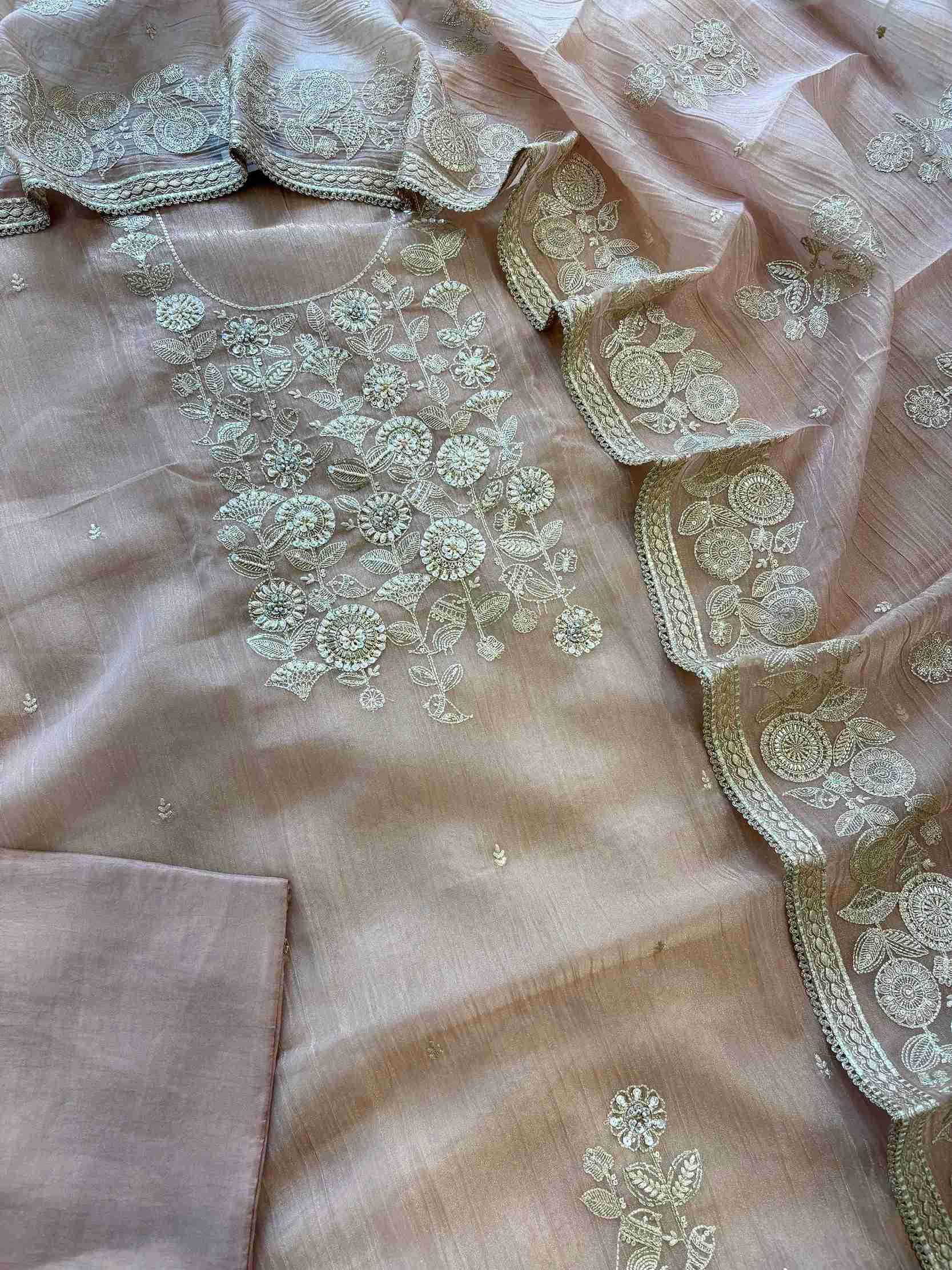 Blush Pink Crush Tissue Unstitched Suit with Pitta Work Neckline
