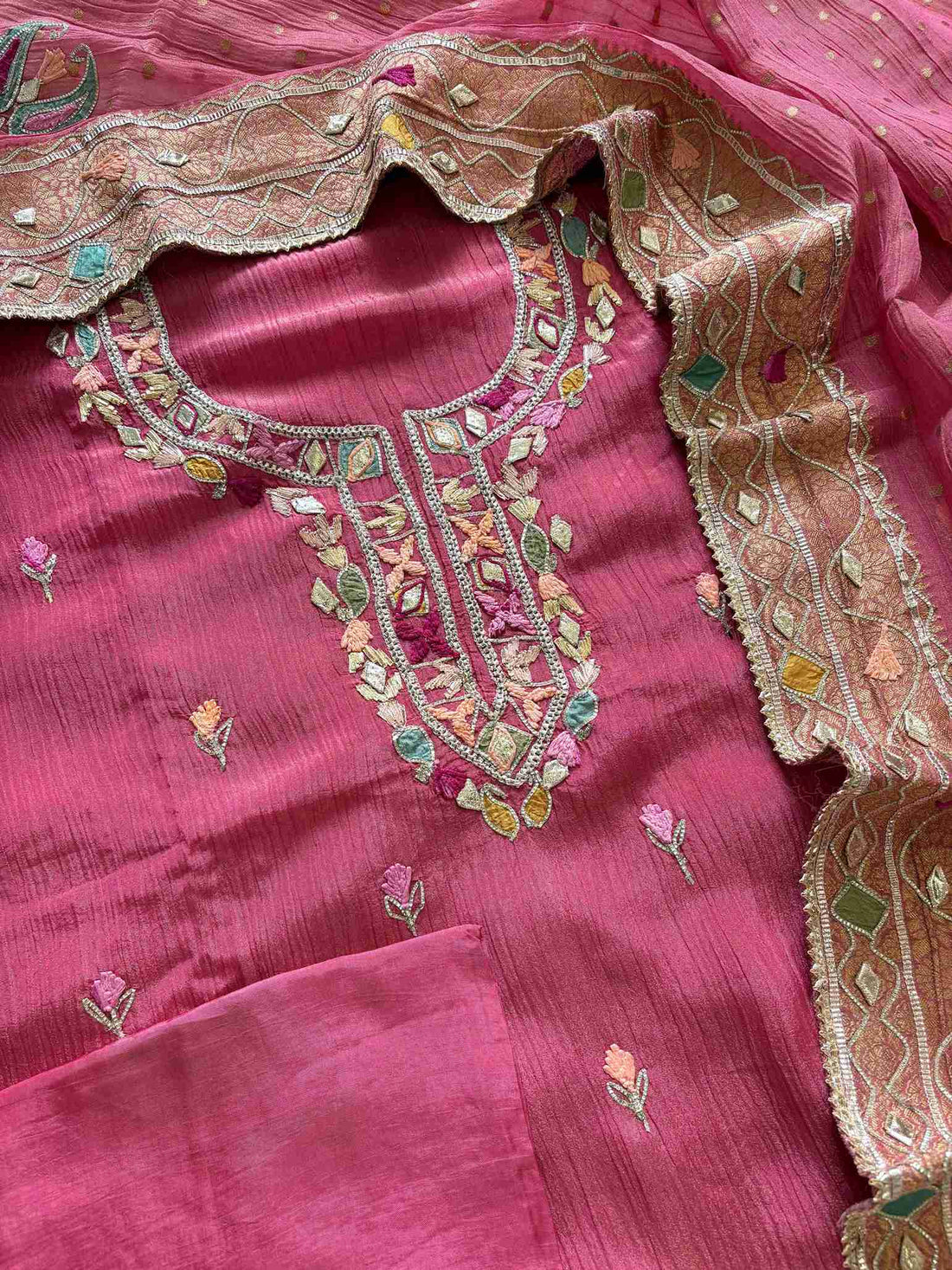 Pure  Crushed Tissue Heavy Gota Work Unstitched Suit - The Zareesh