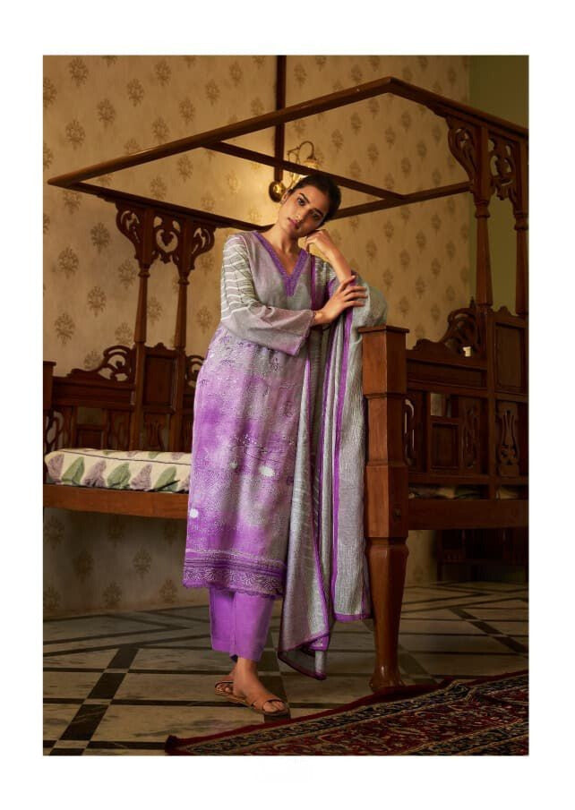 Grey Lavendar Pure Muslin Digital Print Handwork Unstitched Suit Set