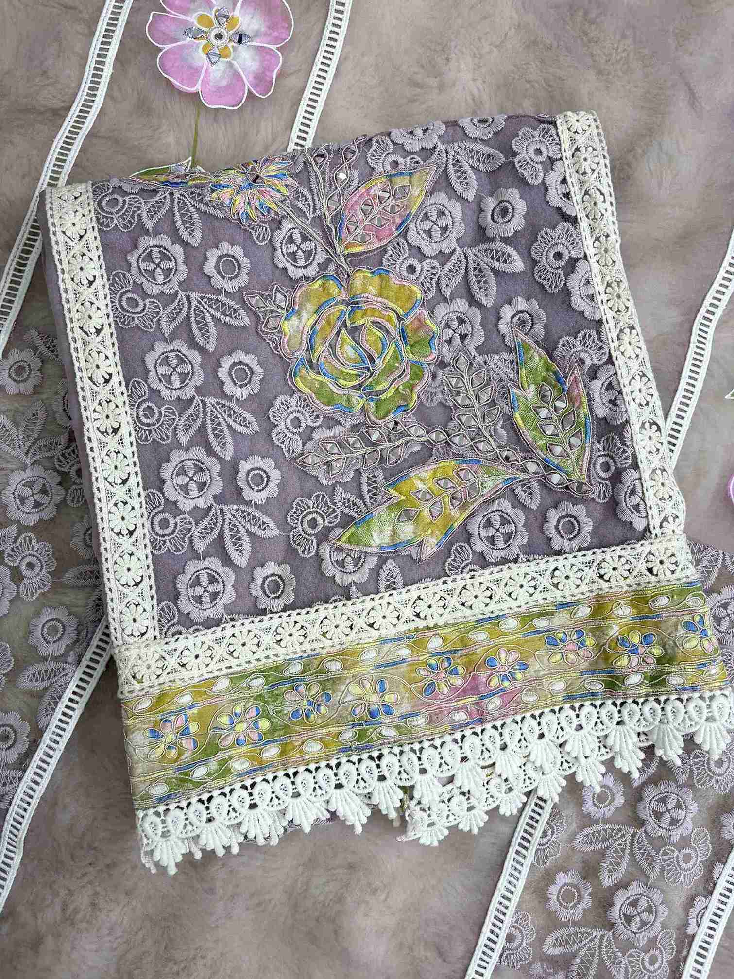 Lavendar Organza Unstitched Suit | White Lace Panels | Floral Thread Embroidery Mirror Work & Hand Painted Dupatta Women's Suit