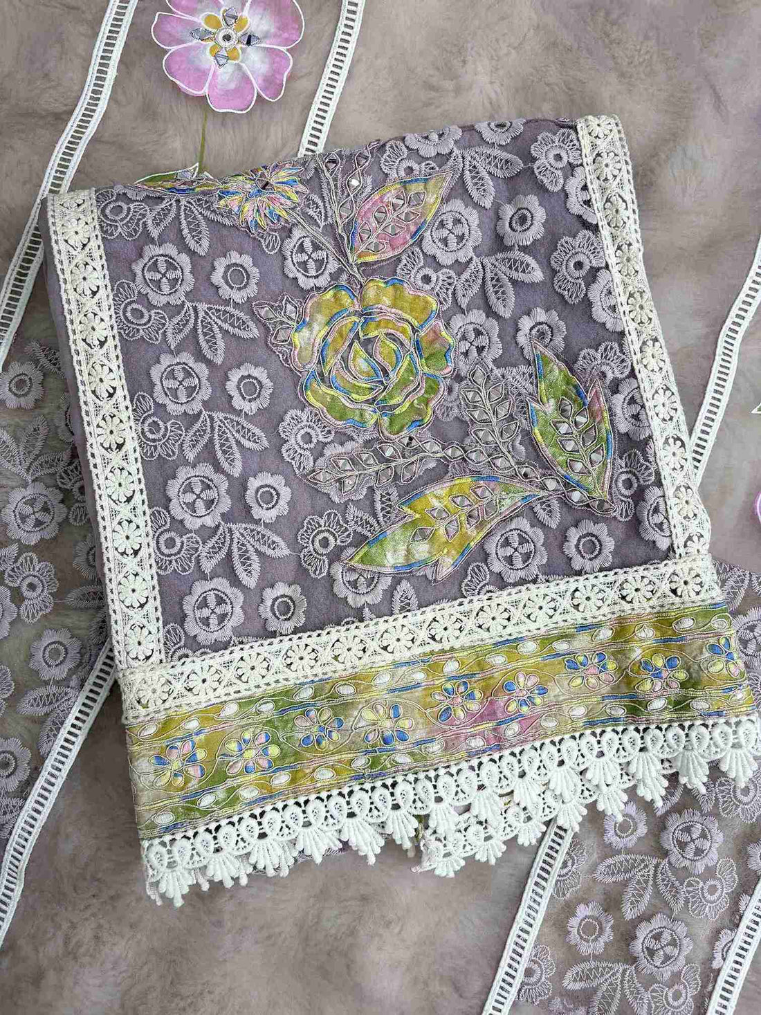 Lavendar Organza Unstitched Suit | White Lace Panels | Floral Thread Embroidery Mirror Work & Hand Painted Dupatta Women's Suit