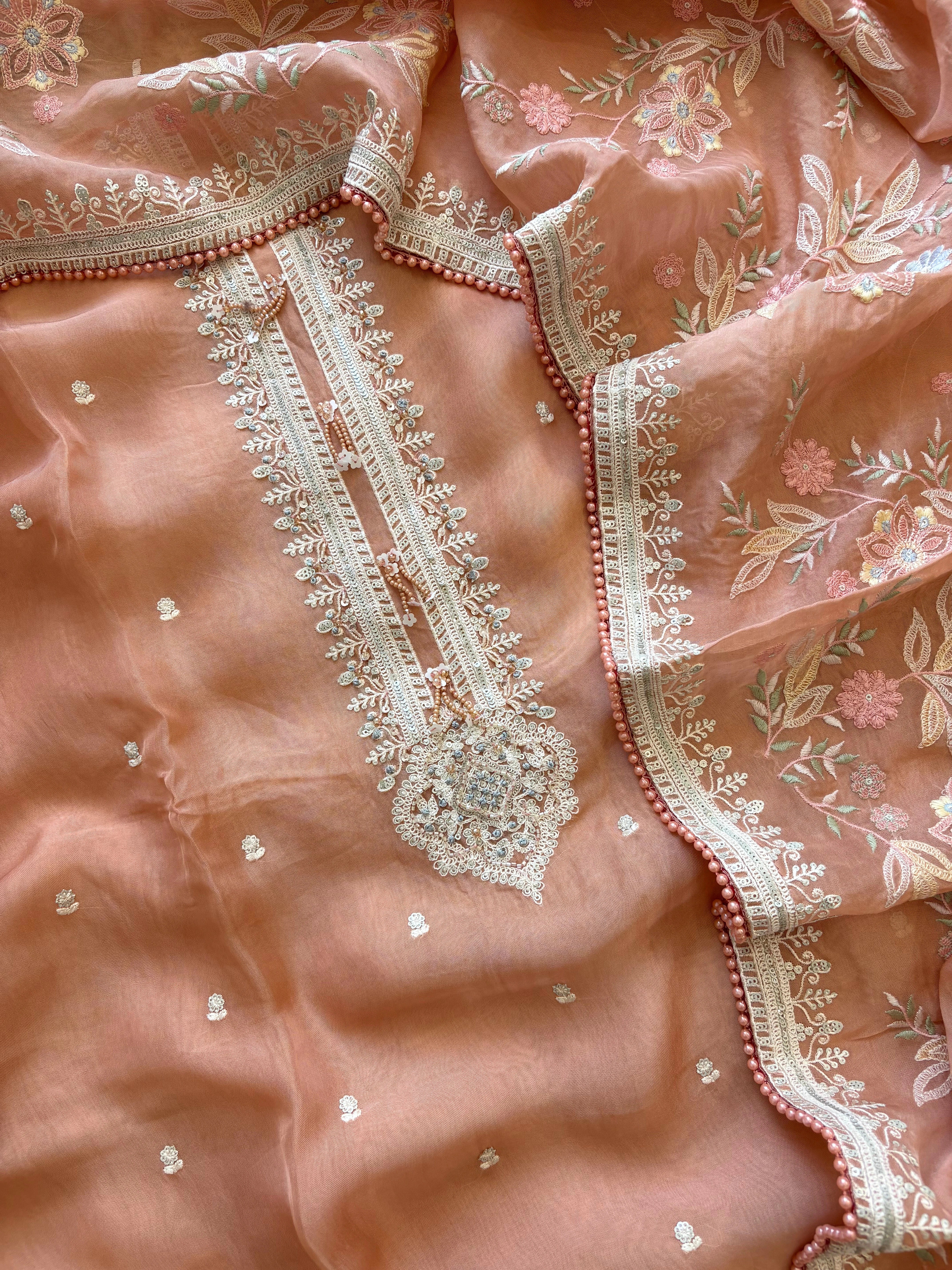 Peach color sheer organza with parsi embroidory.