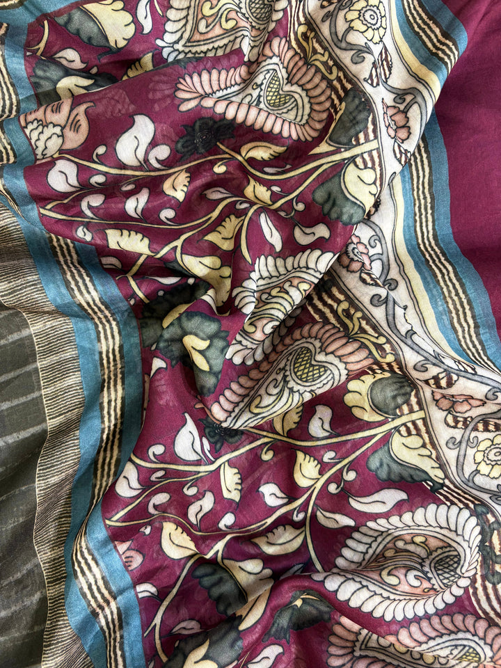 Magenta and grey Maheshwari silk unstitched suit with striped dupatta, ethnic motifs, and contrast borders – festive ethnic wear
