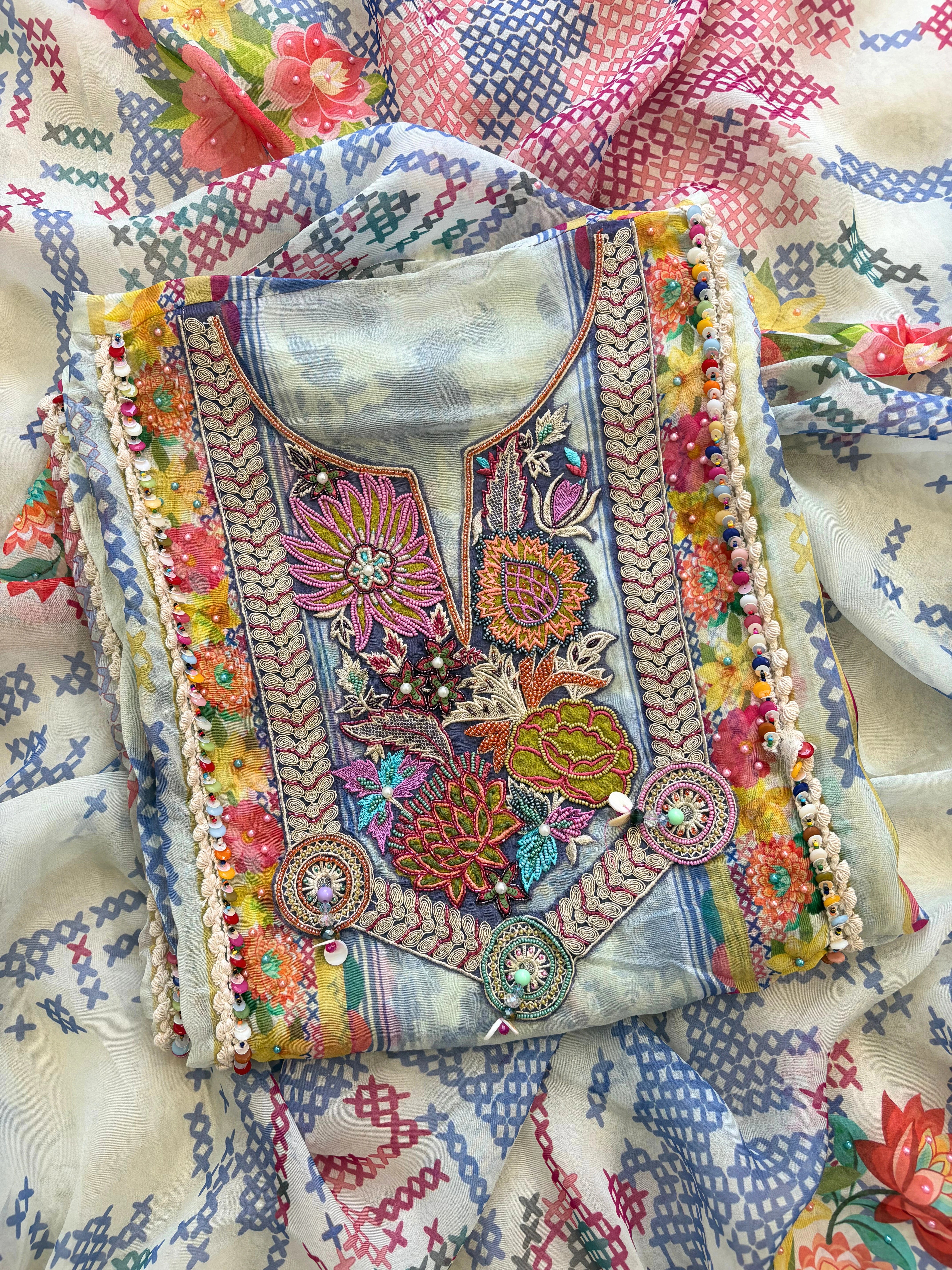 Multicolor Organza Suit with Digital Print & Sequin Highlights