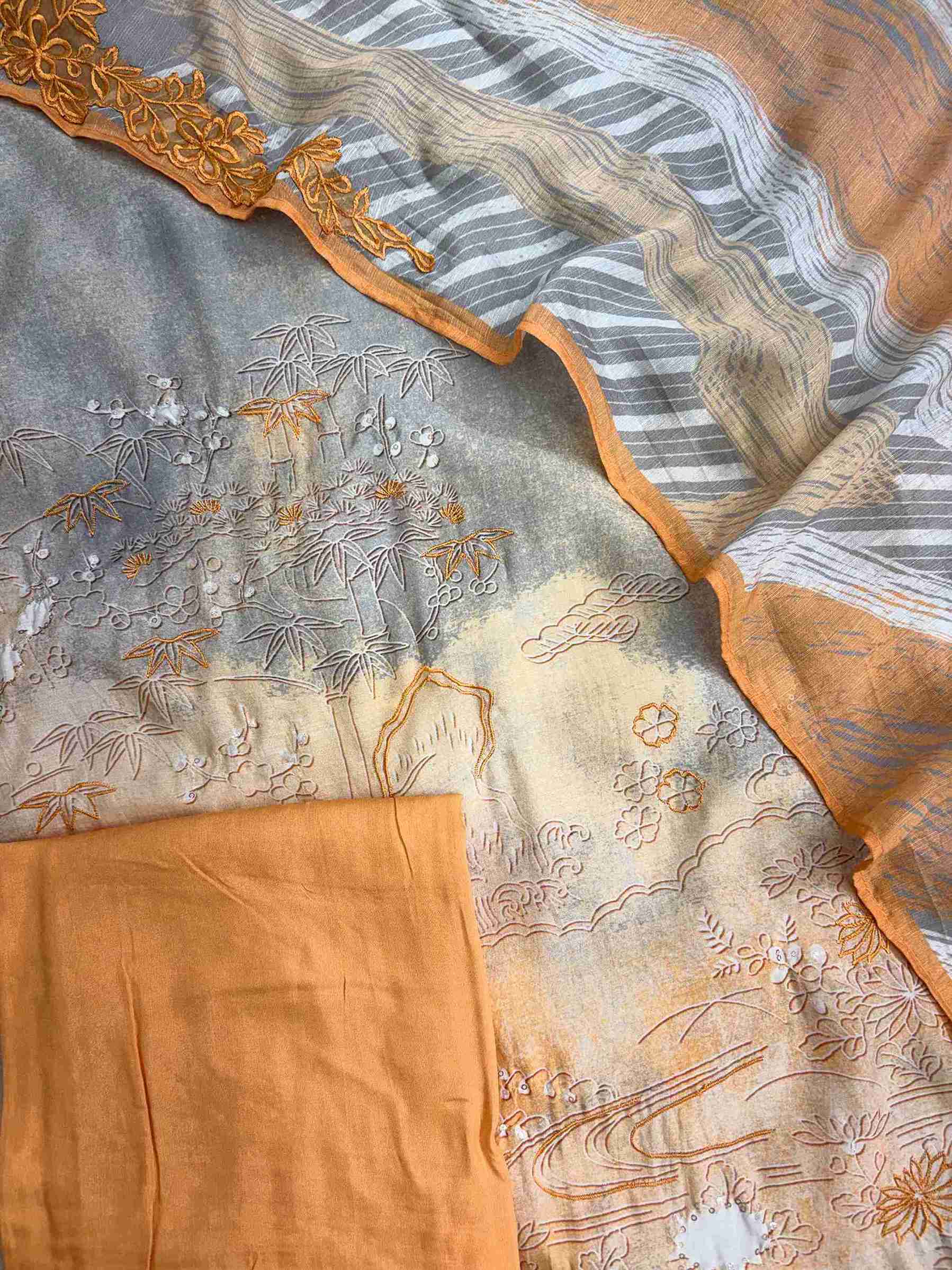 Grey Orange Pure Muslin Digital Print Handwork Unstitched Suit Set