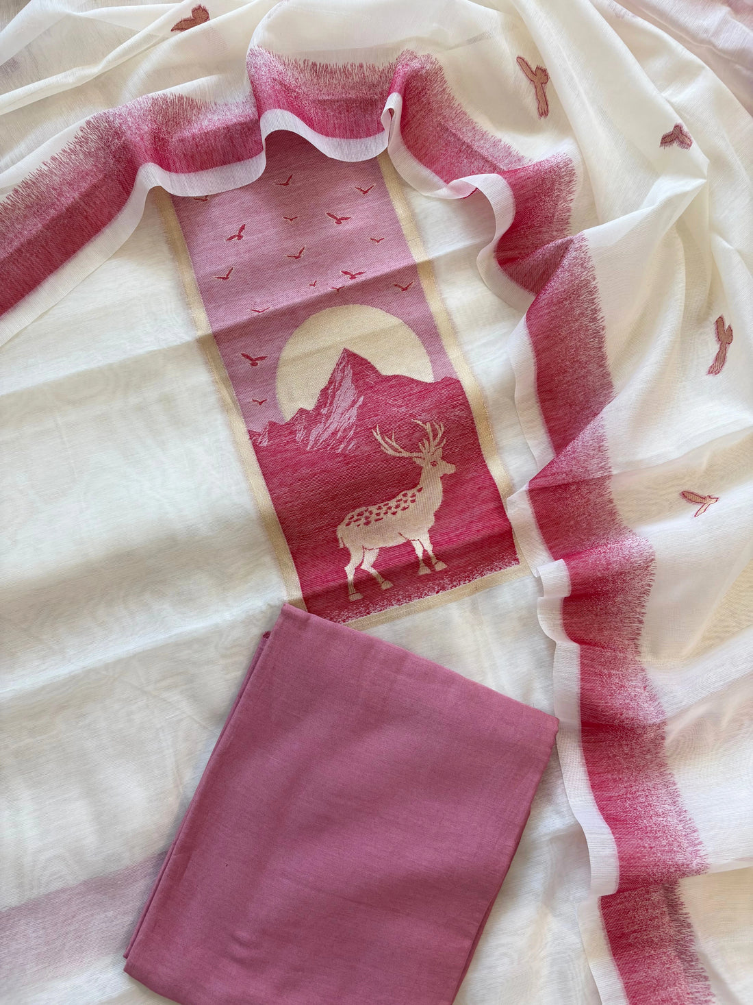 Scenic Red & Ivory Jamdaani Suit with Mountain & Deer Motif – Artistic Ethnic Wear