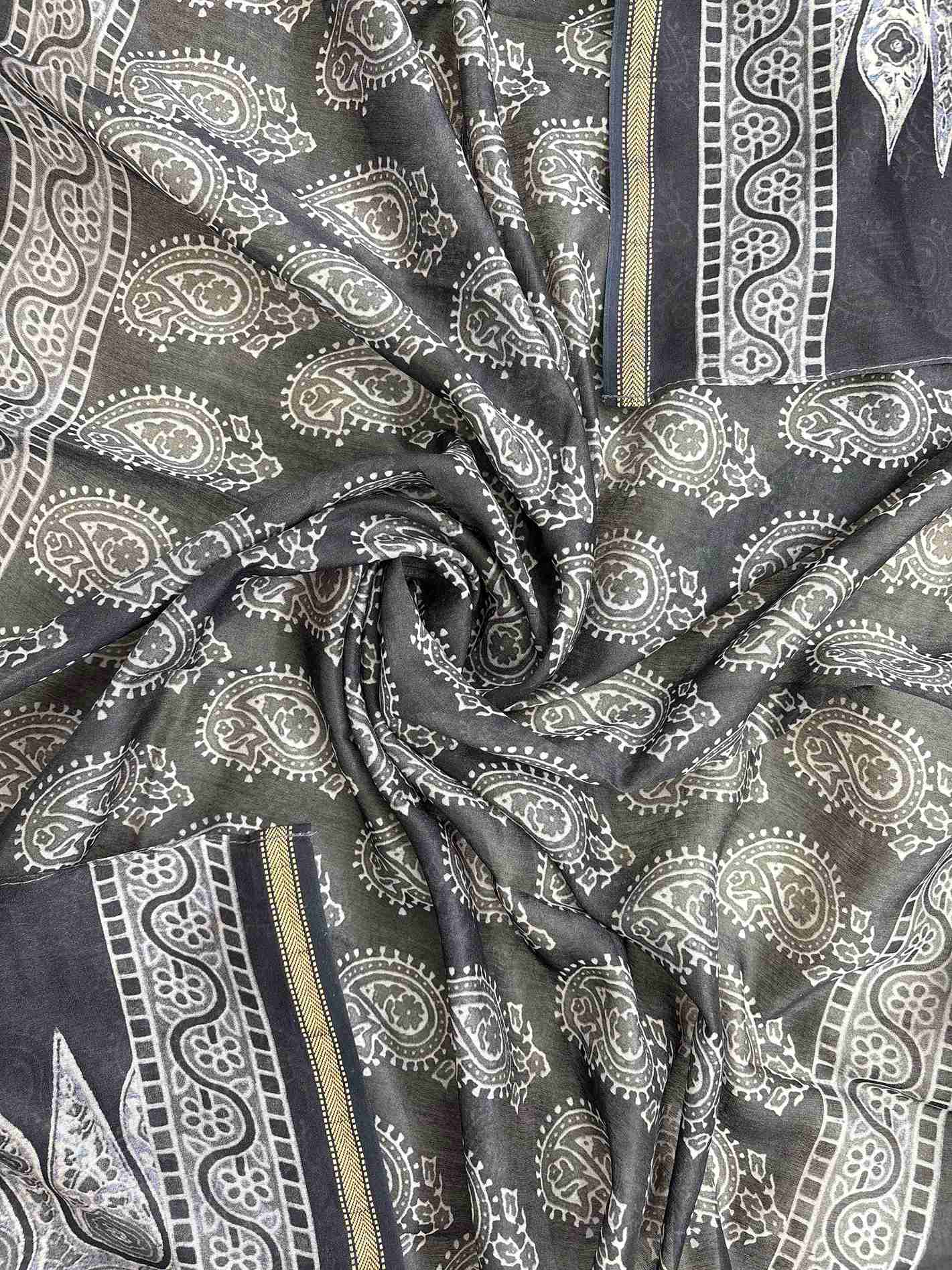 Ajrakh style dupatta border with intricate traditional patterns in black suit set