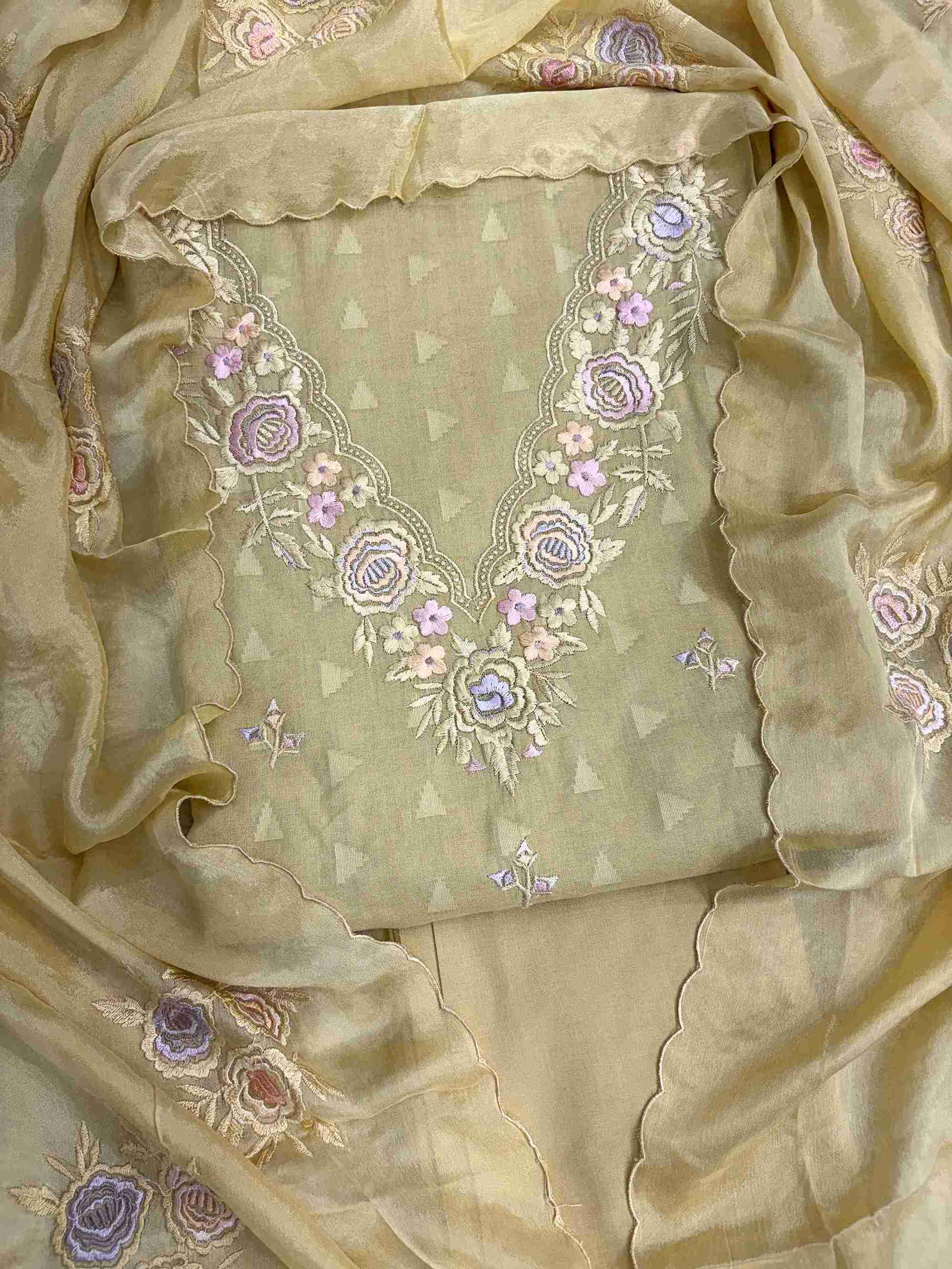 Antique Gold cotton suit with floral embroidered V neckline and chinnon dupatta