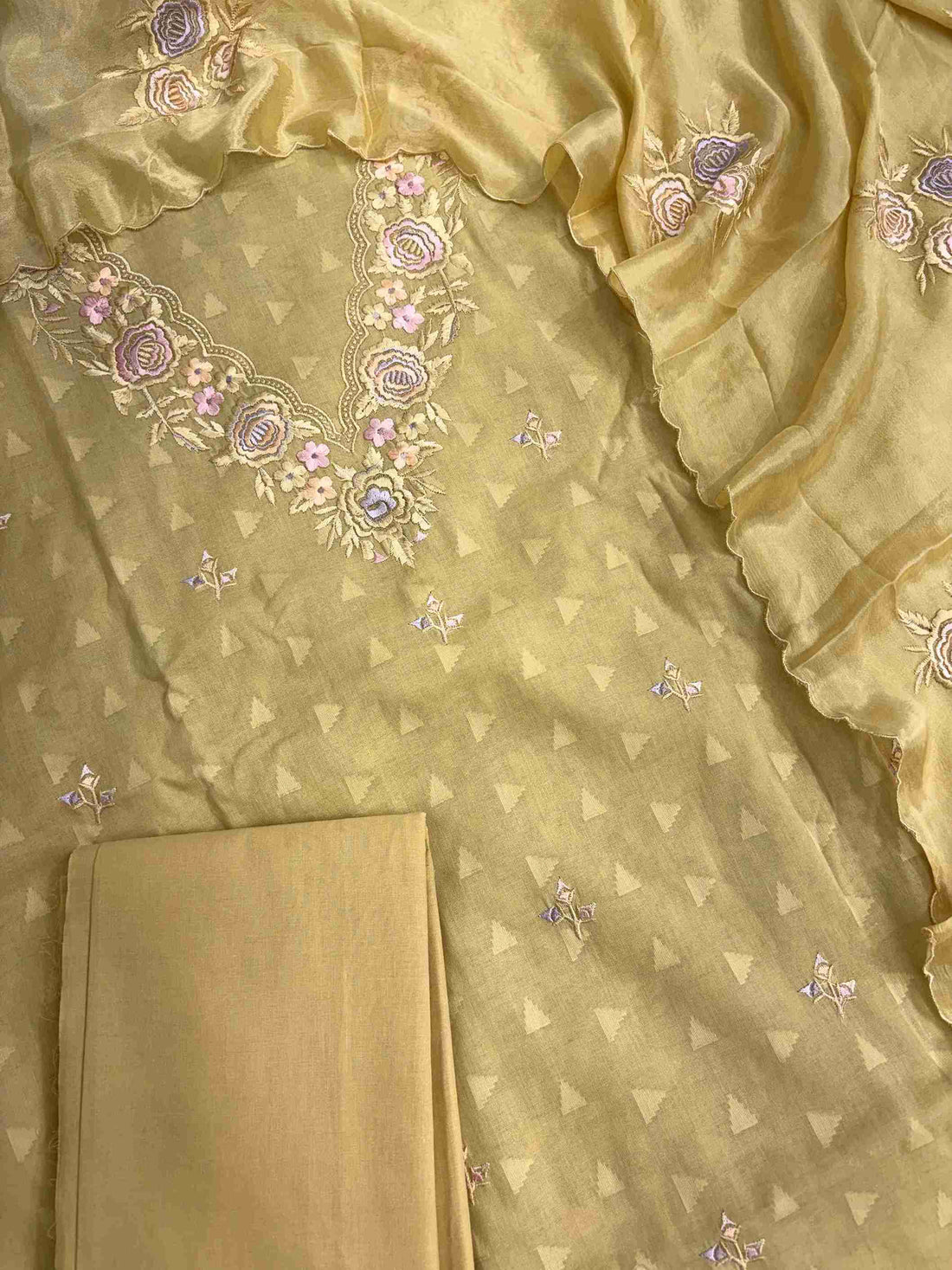 antique gold cotton suit with embroidered booties and lace style embroidered daaman