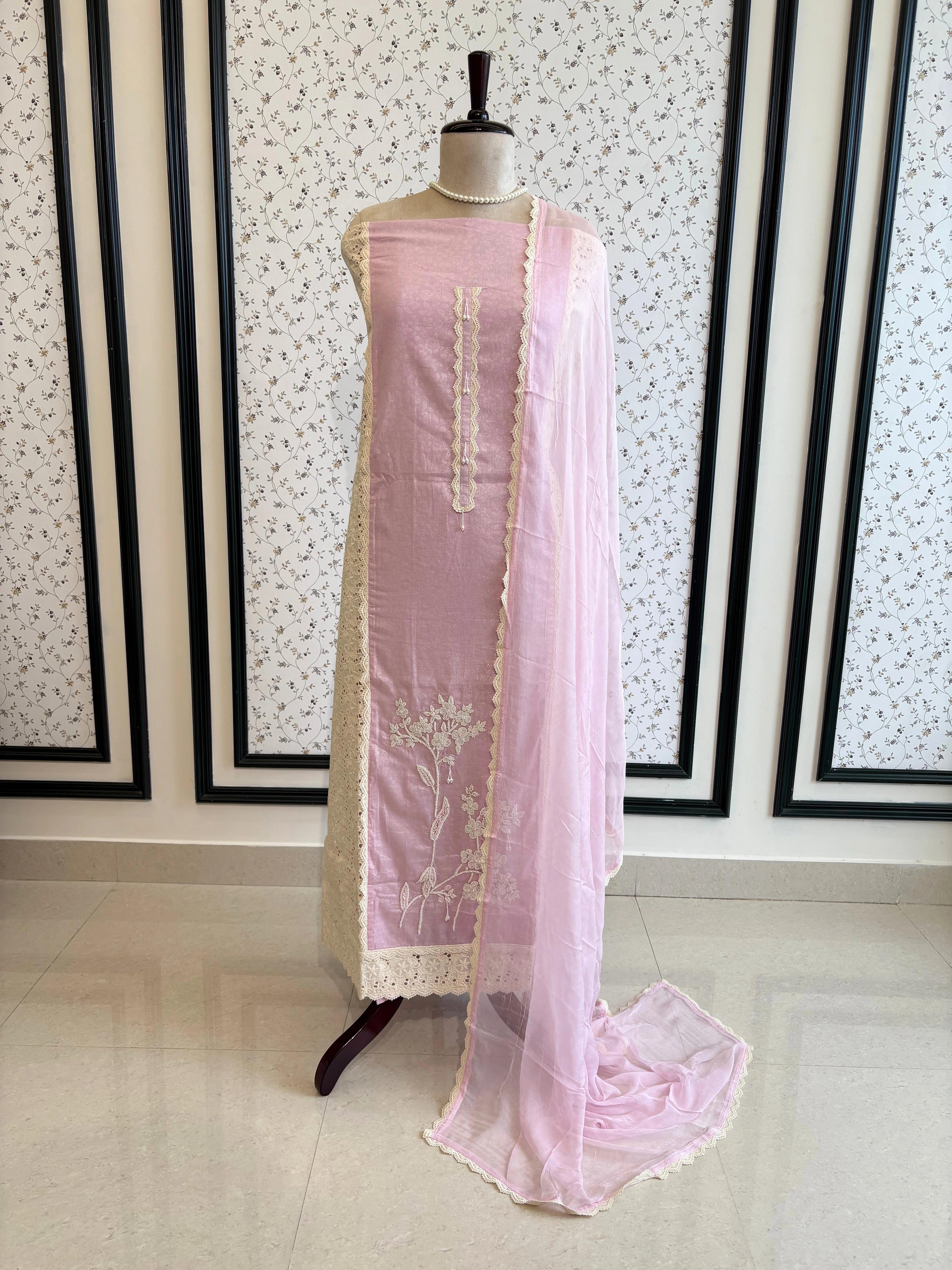 Pastel Pink Schiffli Cotton Suit with Lace Accents & Pearl Embroidery | Summer Festive Lawn Collection