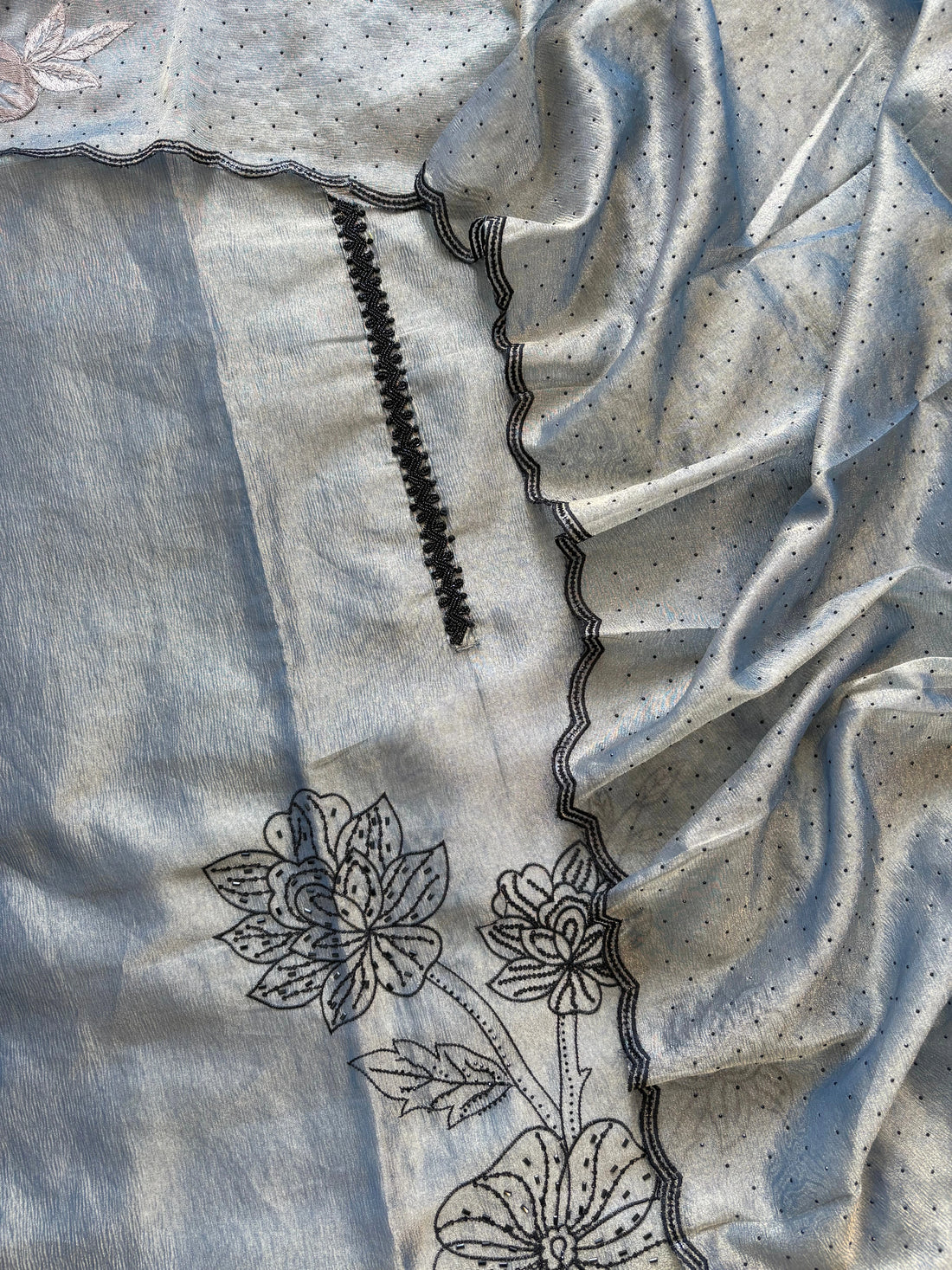 Grey Tissue Suit with Intricate Embroidery & Organza Dupatta