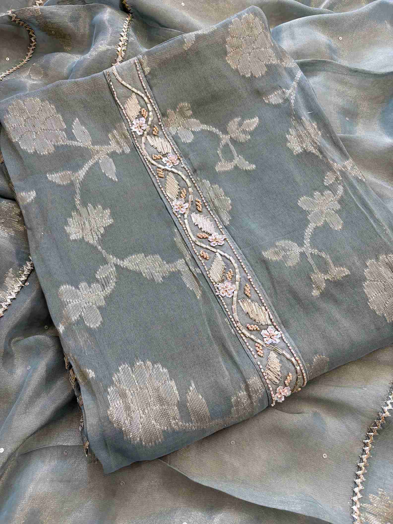 Pure Tissue Heavy Gota Lace Unstitched Suit - The Zareesh