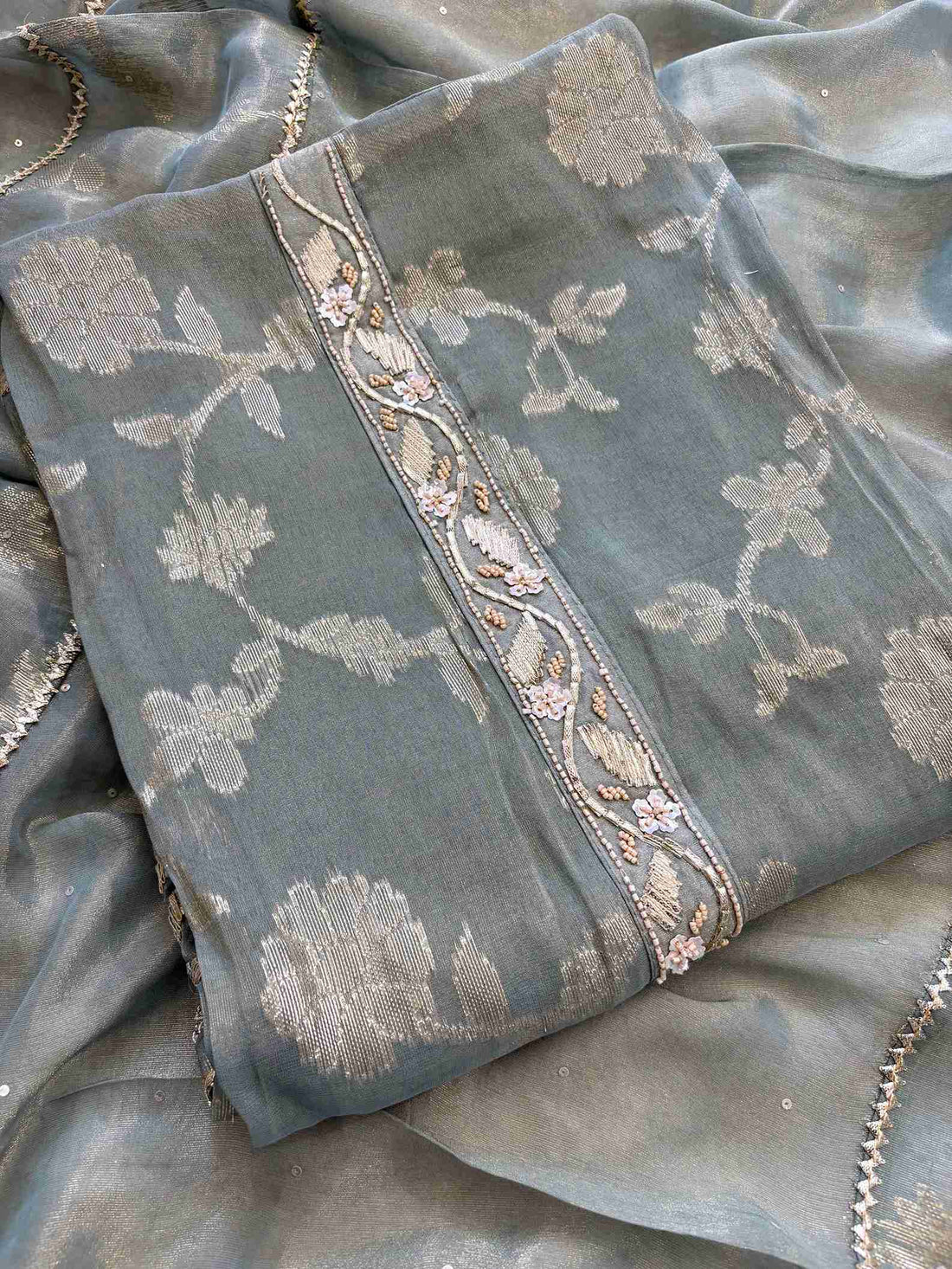 Pure Tissue Heavy Gota Lace Unstitched Suit - The Zareesh