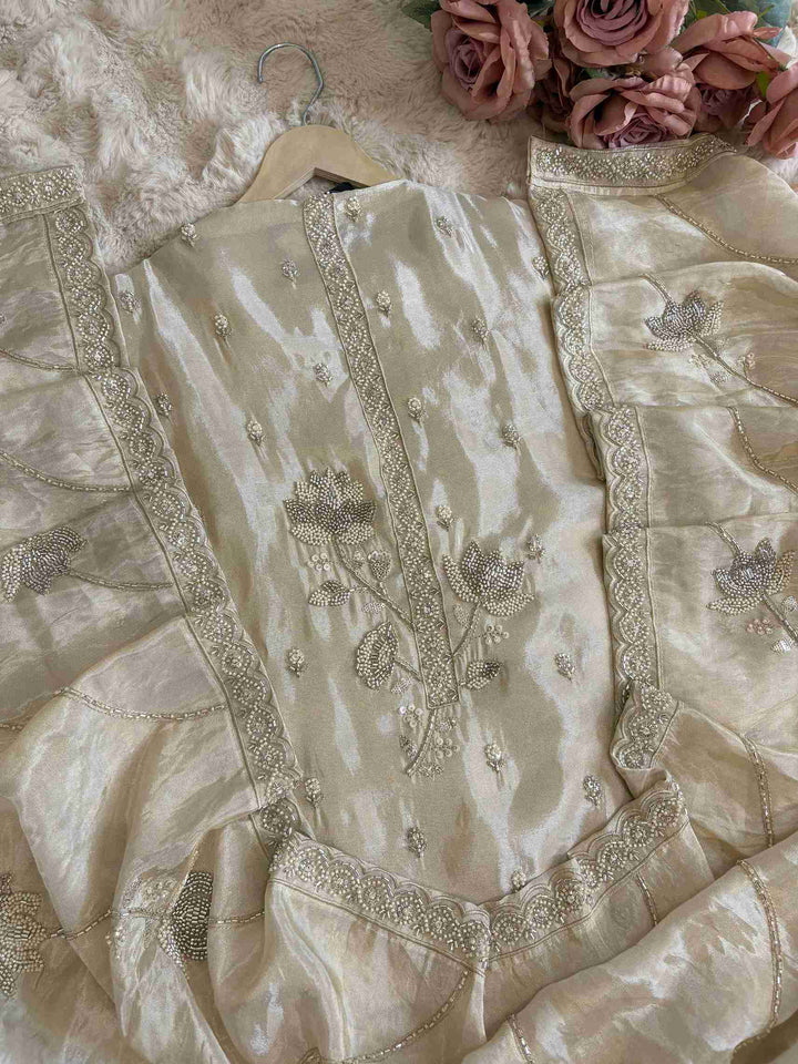 Gulnaar Glow: Blush Pure Soft Tissue Unstitched Suit with Glitter Neck & Hand Embroidered Dupatta