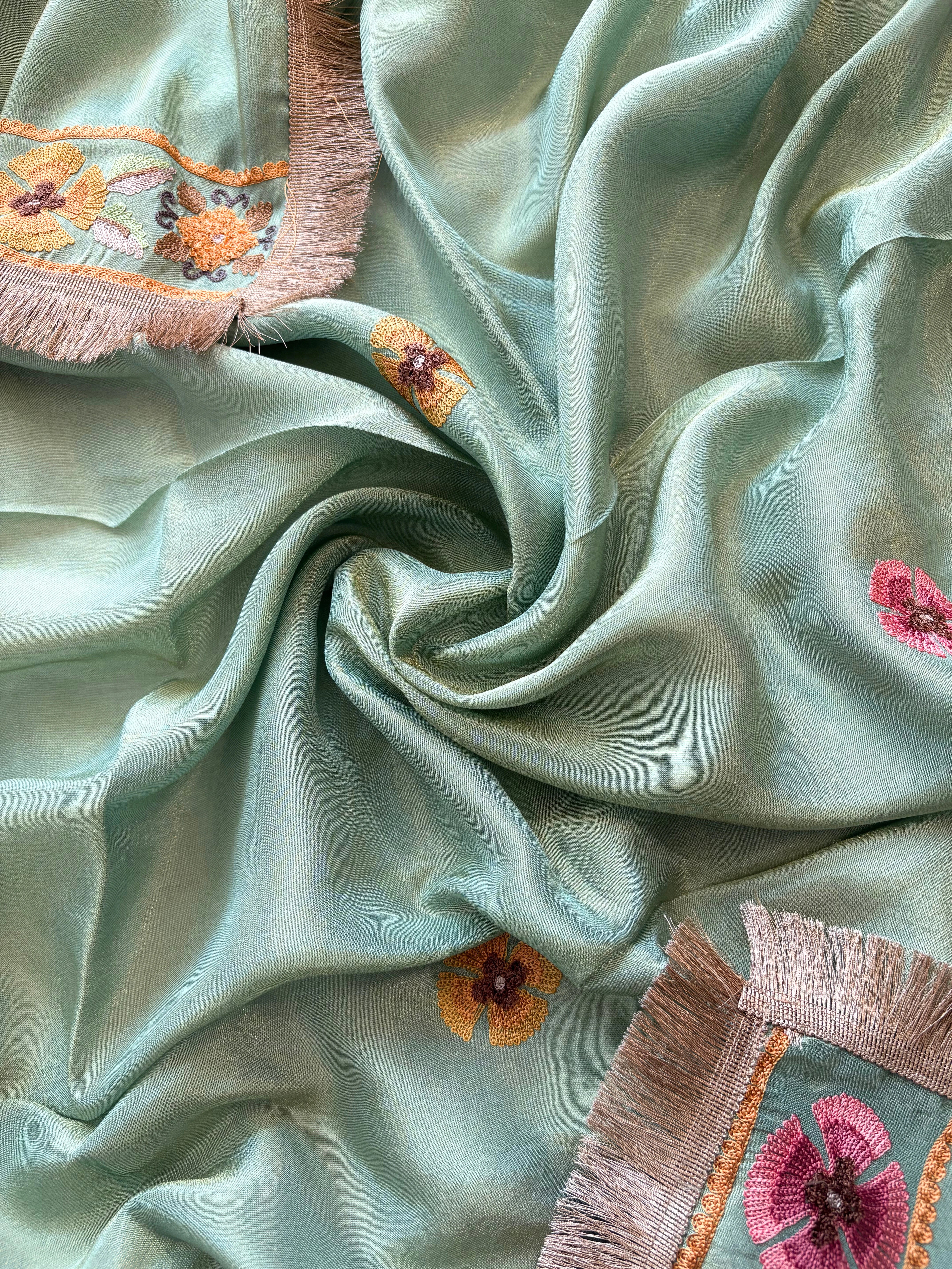 aqua green shimmer organza with kashida work and kiran lace highlighting