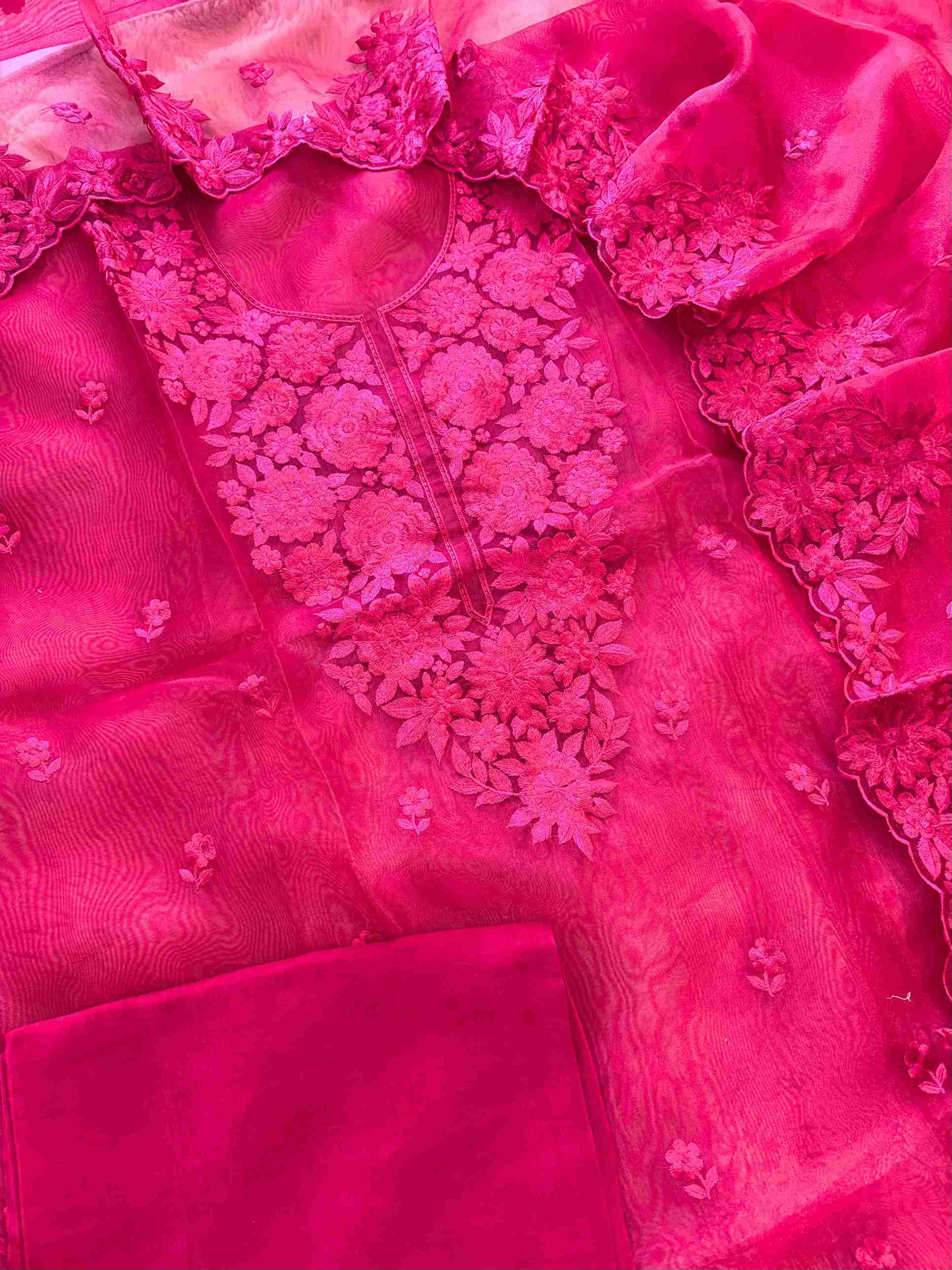 Hot Pink Glass Organza Unstitched Suit with Monotone Thread Embroidery