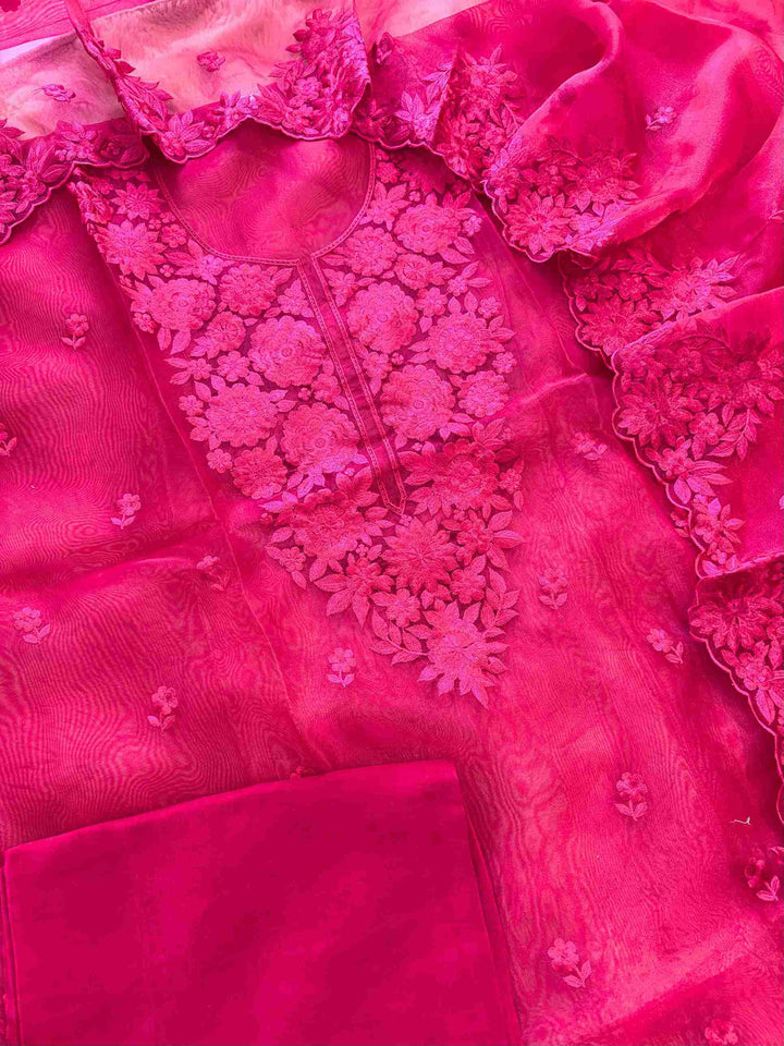 Hot Pink Glass Organza Unstitched Suit with Monotone Thread Embroidery