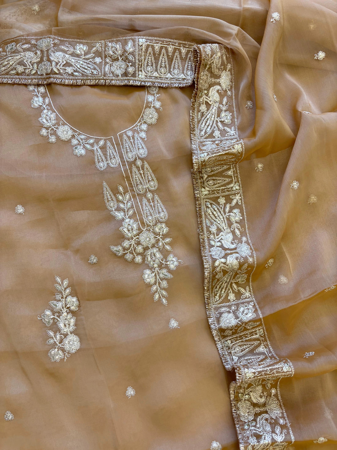 Beige Organza Unstitched Suit with dabka Embroidery Dupatta - Festive & Wedding Wear