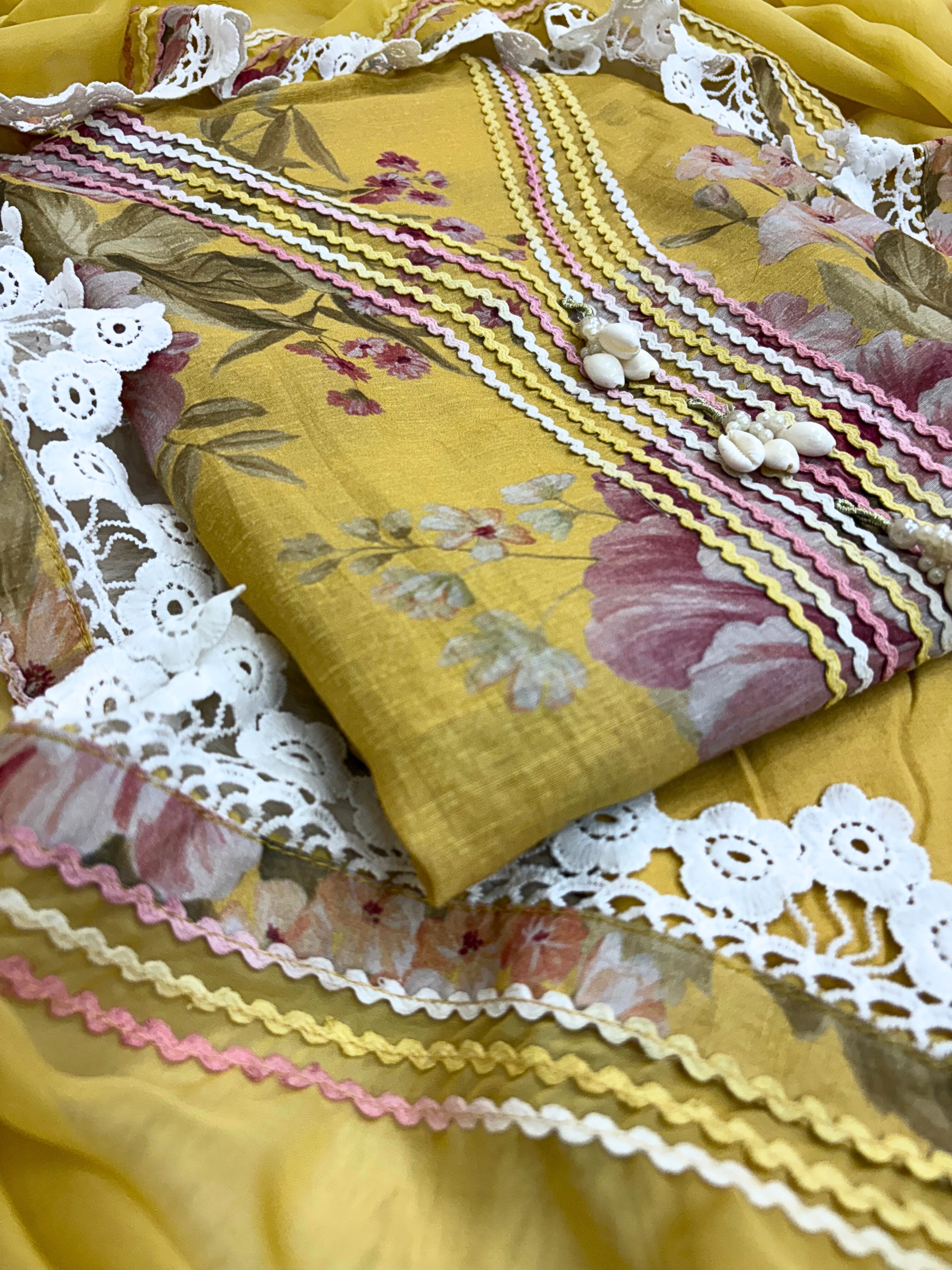 Haya-e-Bahar: Pastel Yellow Floral Linen Suit with Lace Detailing Organza Dupatta