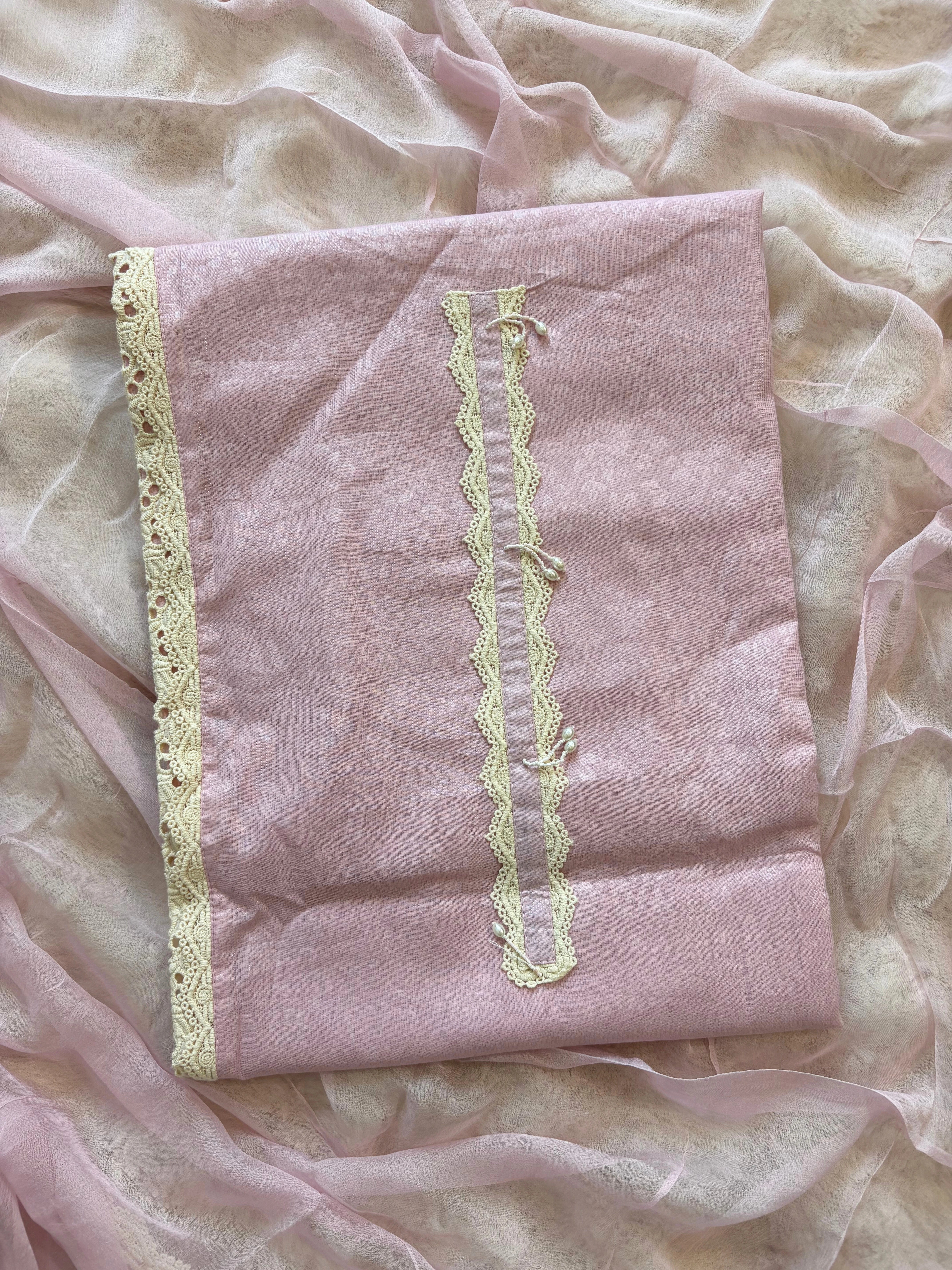 Pastel Pink Schiffli Cotton Suit with Lace Accents & Pearl Embroidery | Summer Festive Lawn Collection