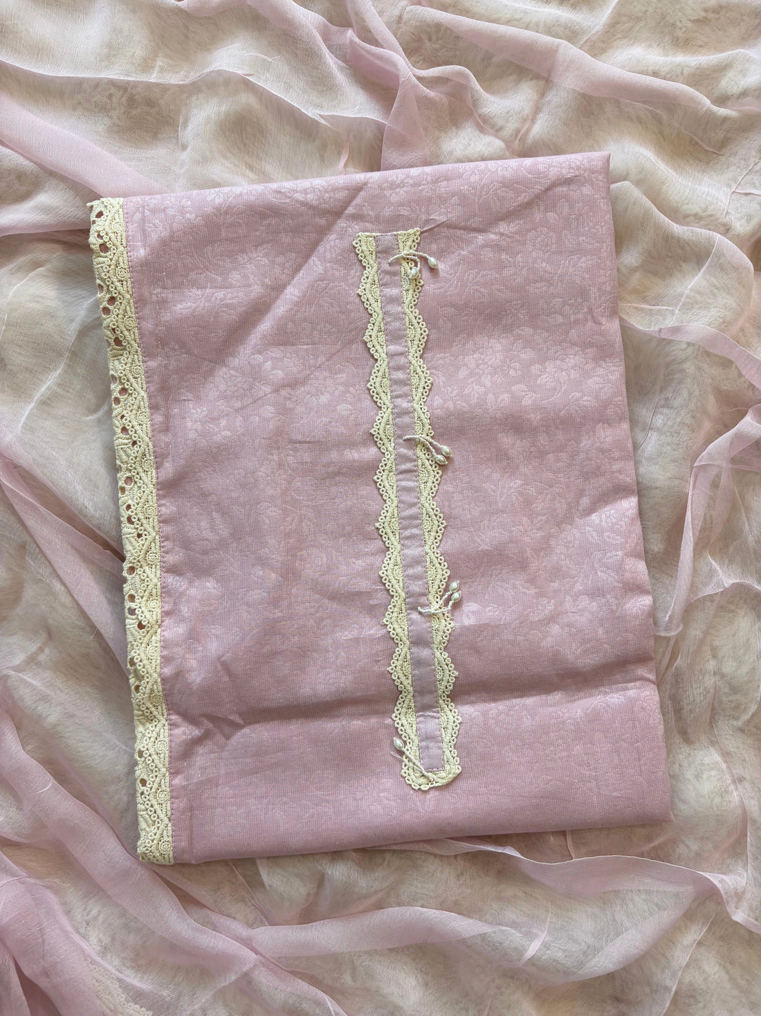 Pastel Pink Schiffli Cotton Suit with Lace Accents & Pearl Embroidery | Summer Festive Lawn Collection (Copy)