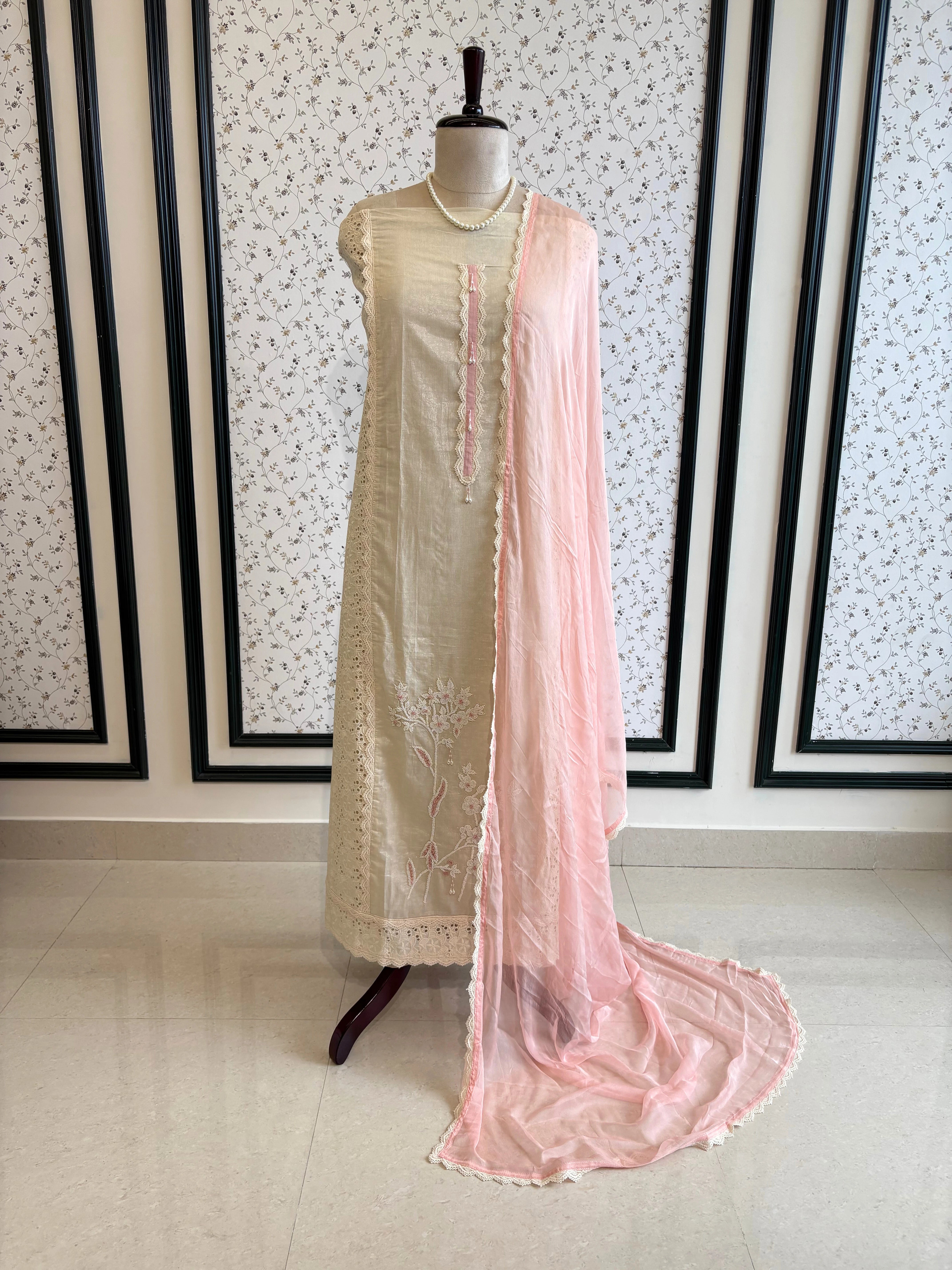 Ivory Schiffli Cotton Suit with Lace Accents & Pearl Embroidery | Summer Festive Lawn Collection