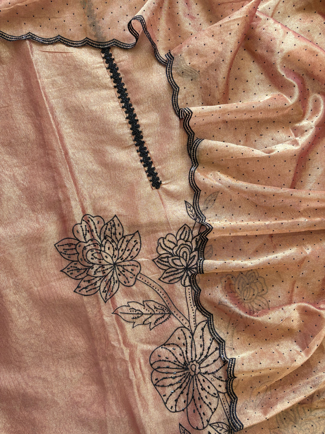 Rust Glass Tissue Suit with Intricate Embroidery & Organza Dupatta