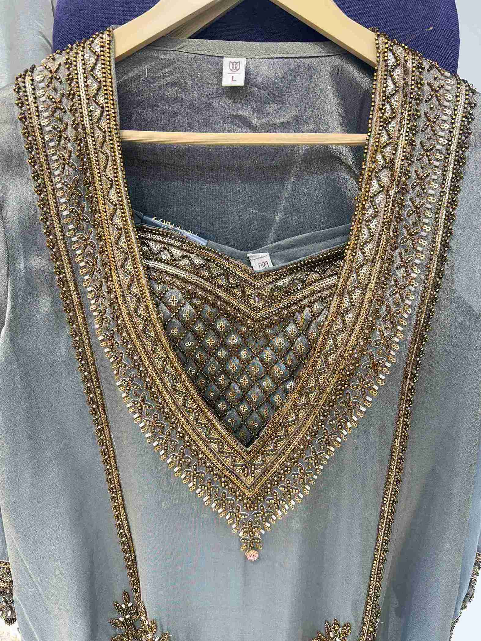 Grey Tissue Embroidered Kurta Sharara Set with Gold Zari, Sequin and Beadwork | Designer Party Wear
