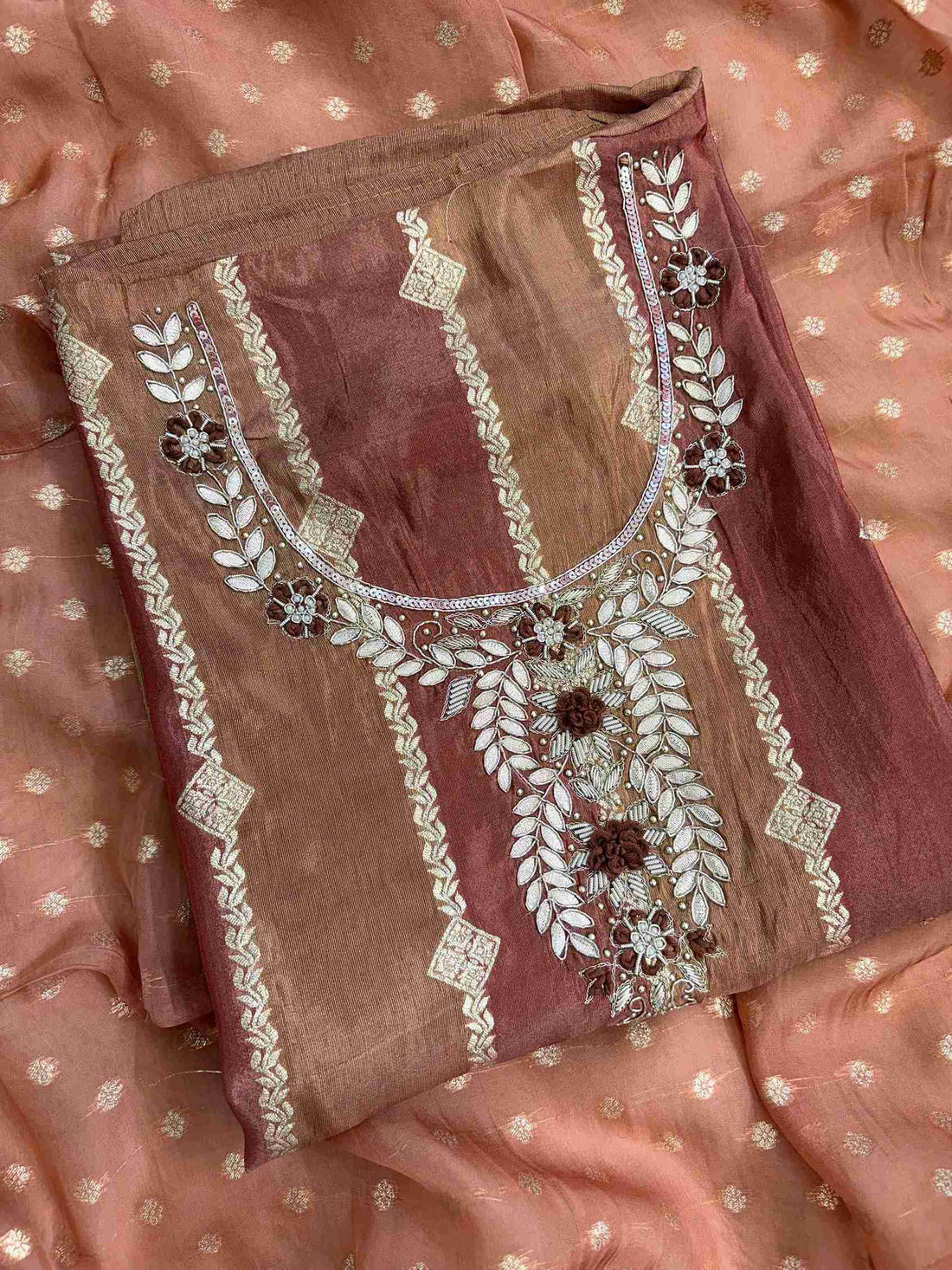 unstitched suit for women in shimmer tissue fabric with banarasi weaving 