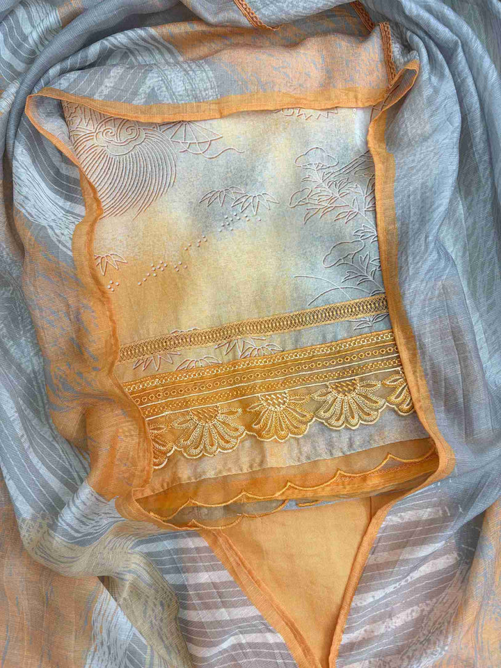 Grey Orange Pure Muslin Digital Print Handwork Unstitched Suit Set