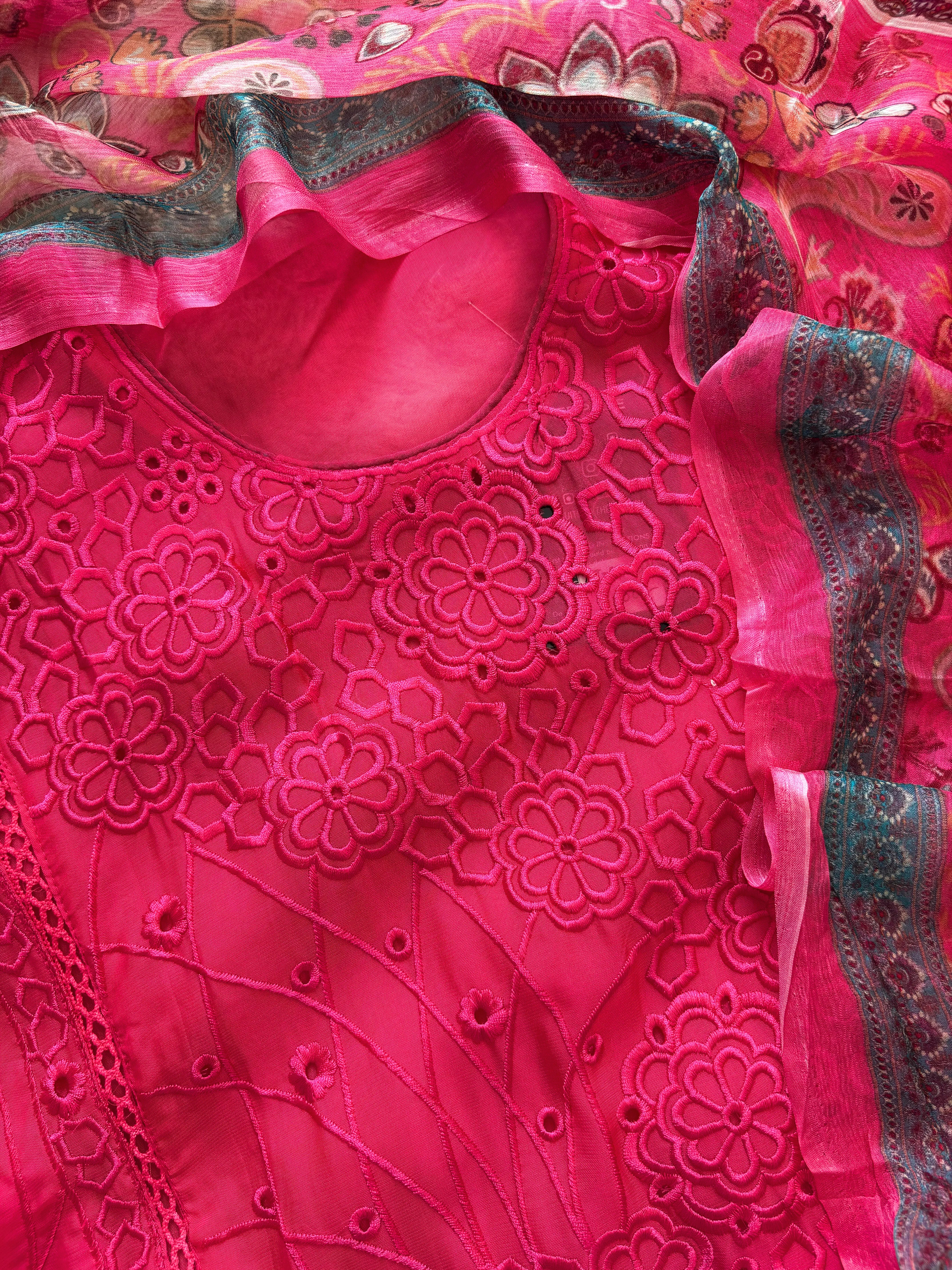 Pink Organza unstitched suit with kashida work - The Zareesh