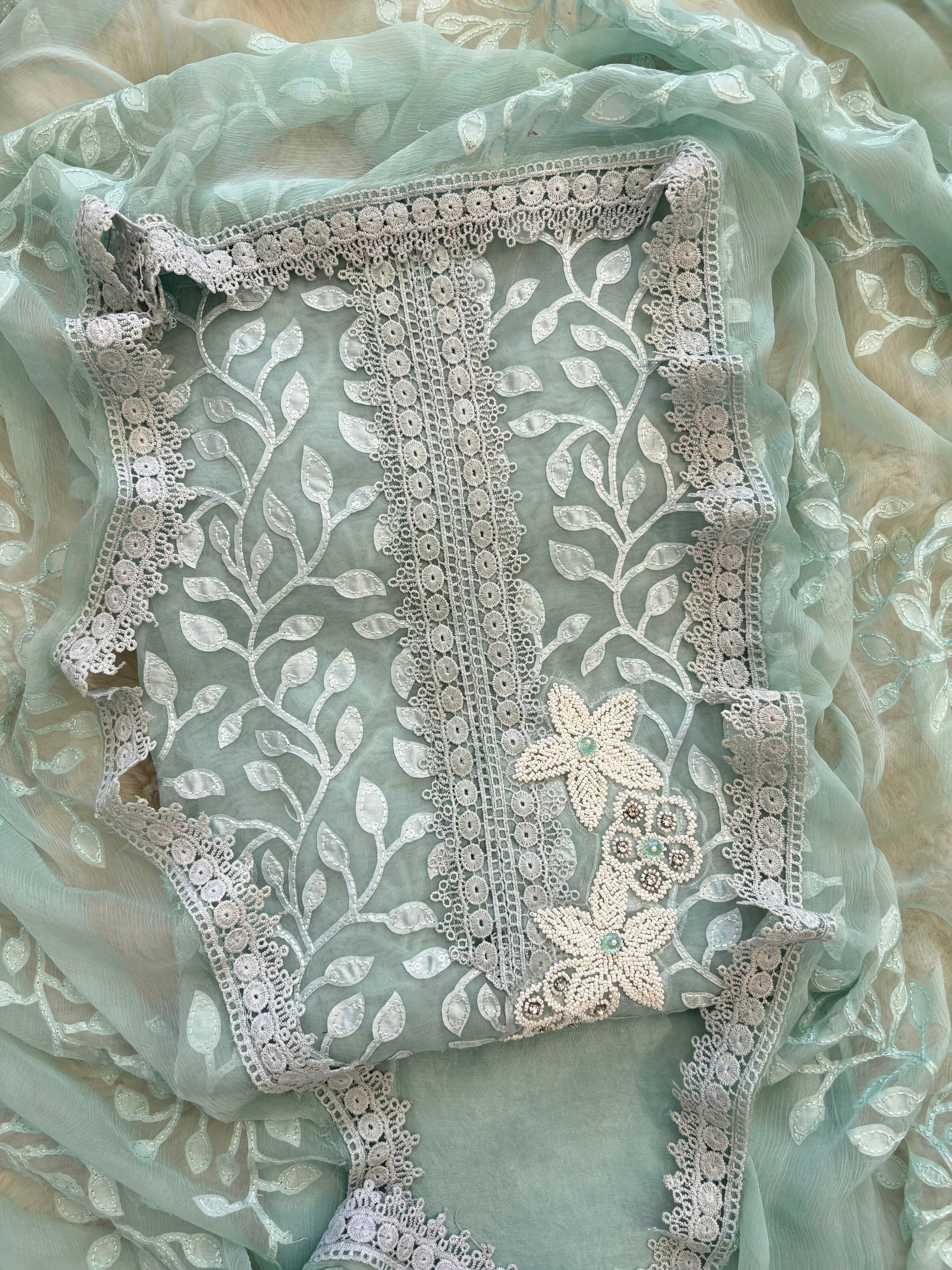 Pastel Green suit with applique embroidery and moti bead embellishments, paired with embroidered organza dupatta.