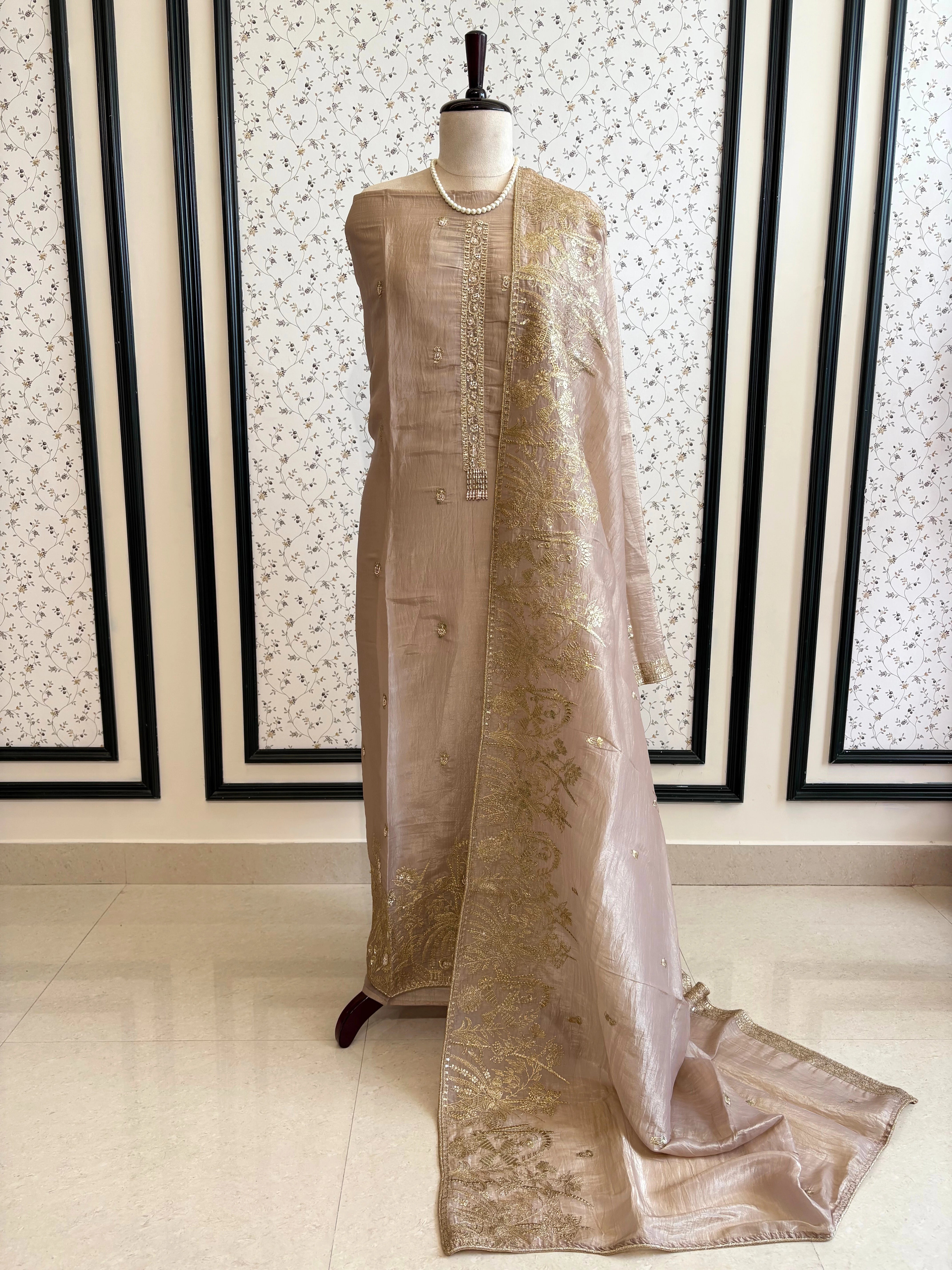 Nude Mauve Tissue Suit with Zari Embroidery & Tissue Dupatta