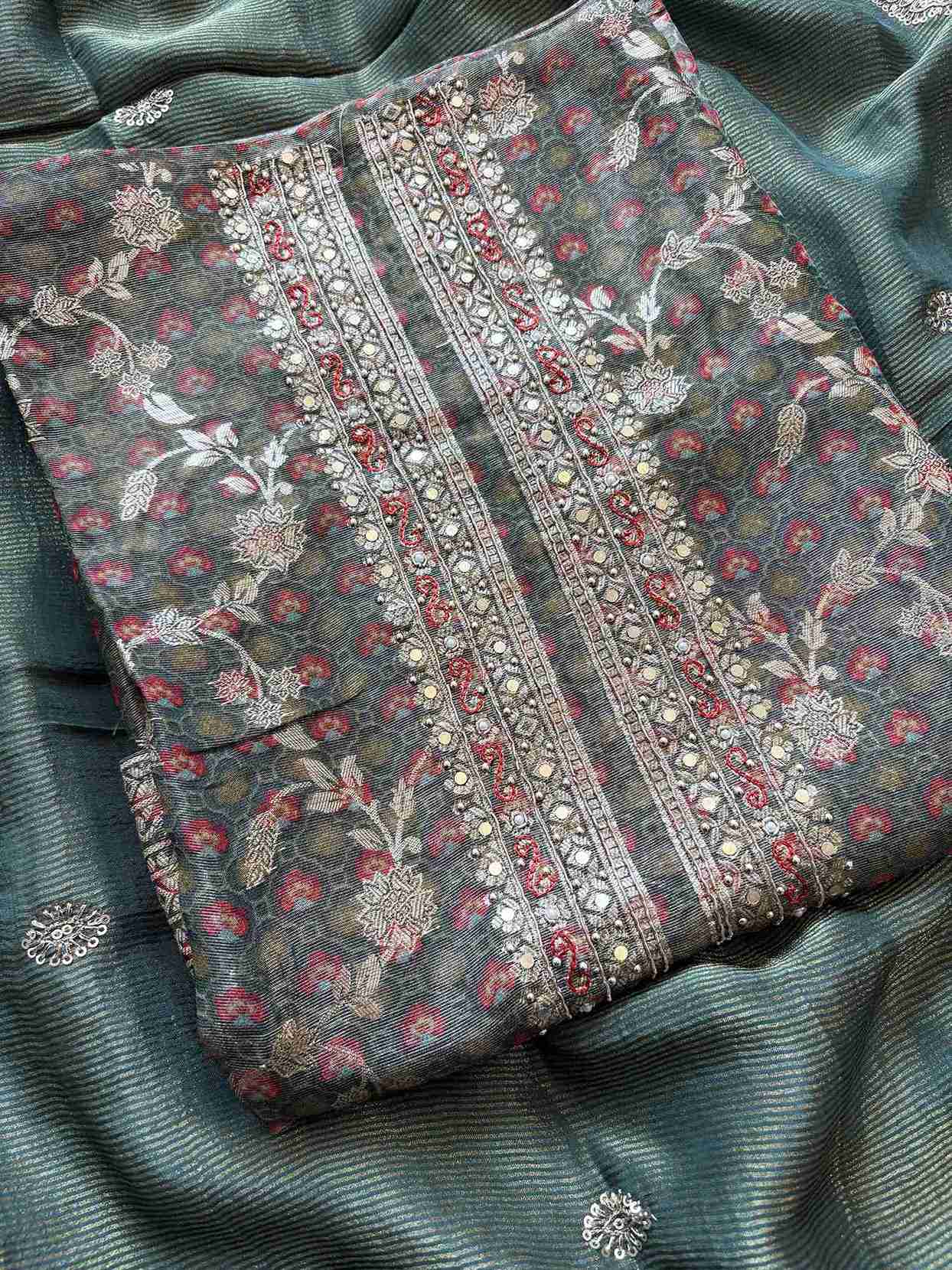 Tissue unstitched suit in Olive Green color- The Zareesh