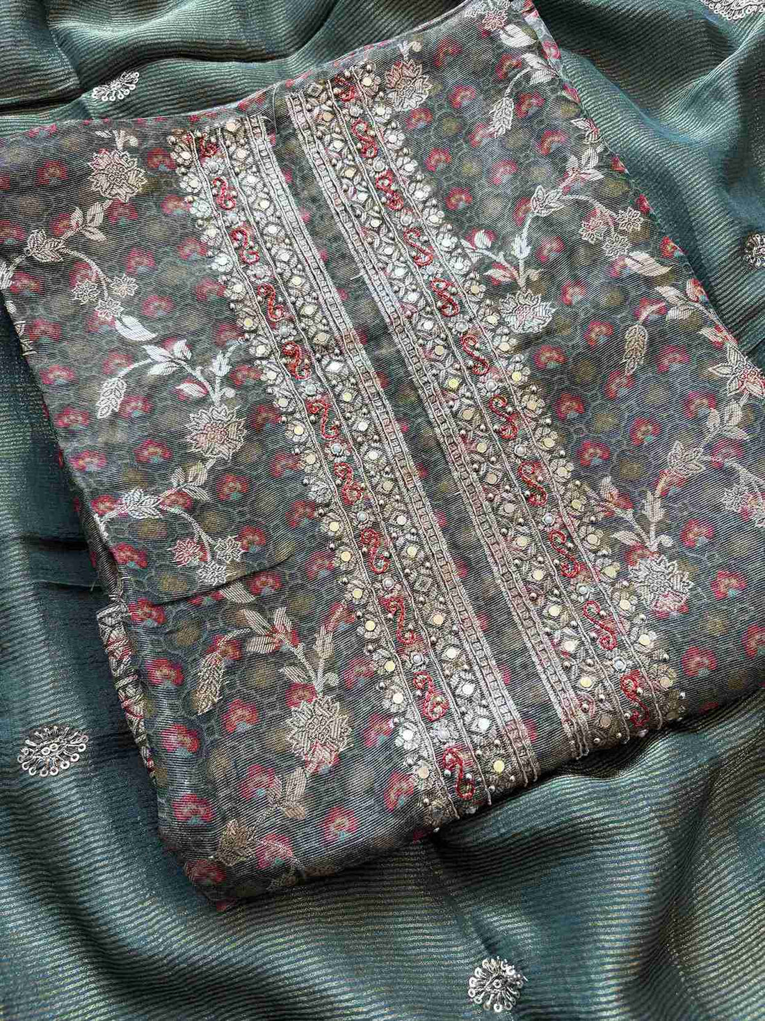 Tissue unstitched suit in Olive Green color- The Zareesh