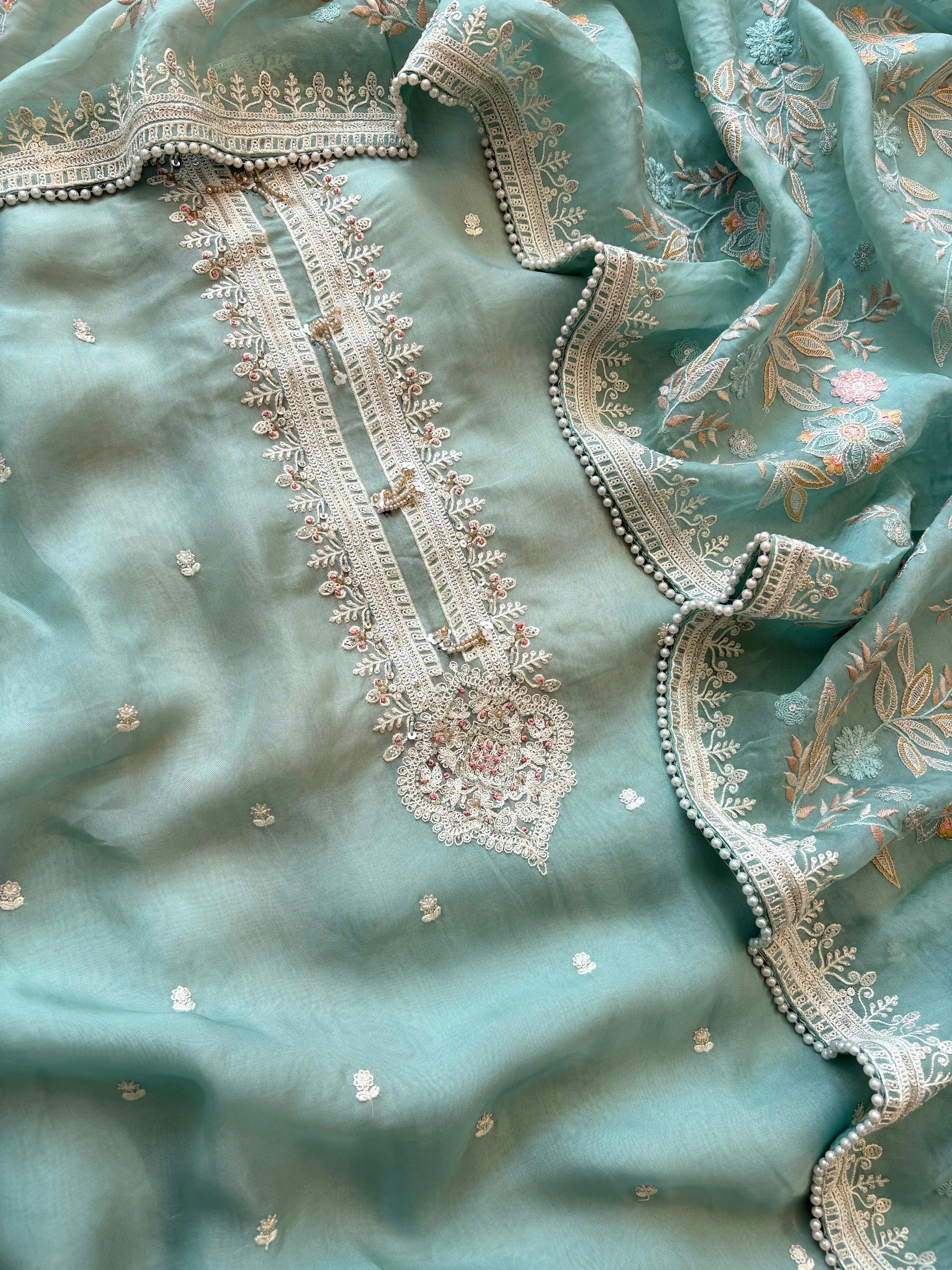 aqua green sheer organza with parsi embroidory