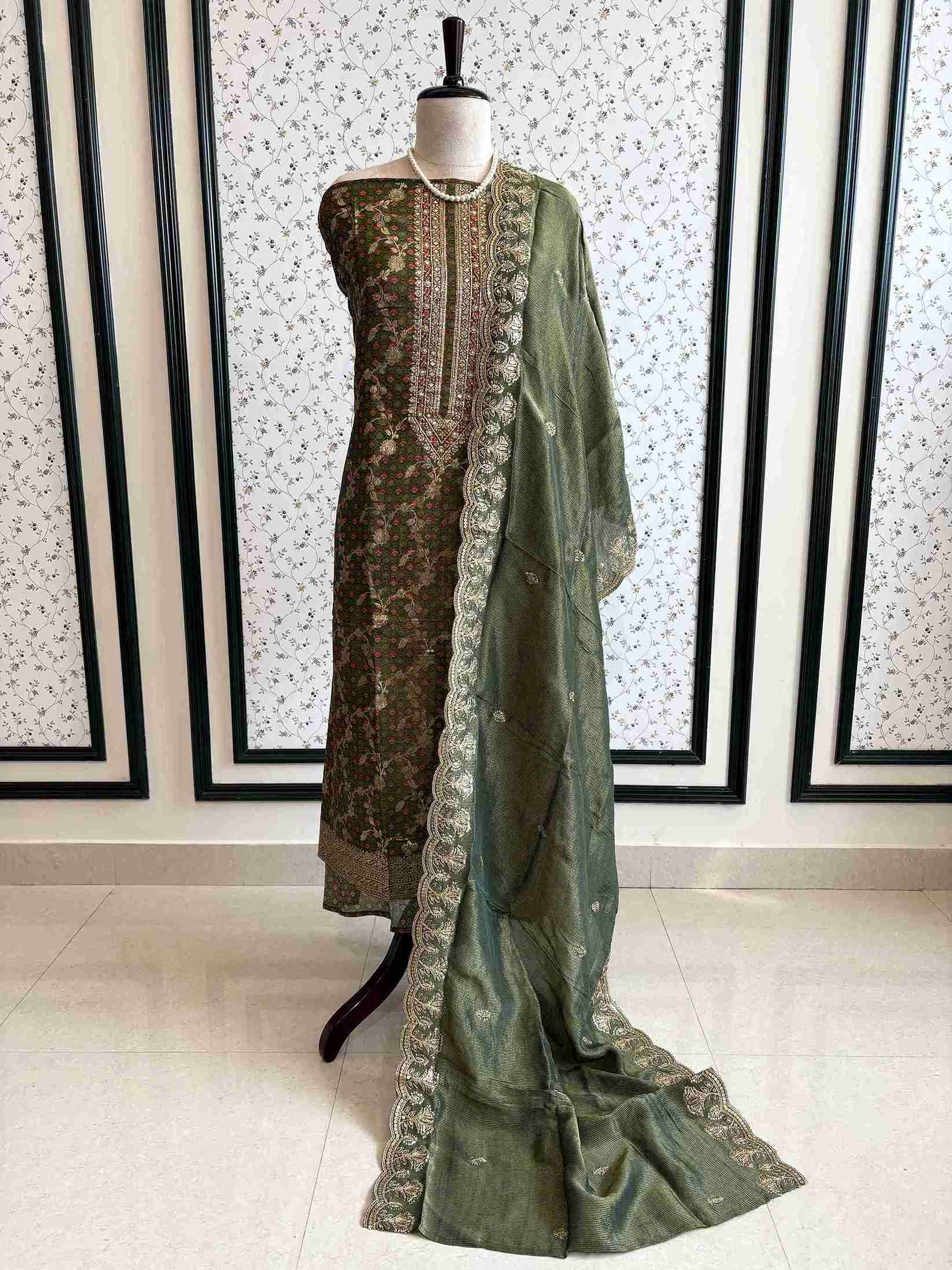 Tissue unstitched suit in Olive Green color- The Zareesh