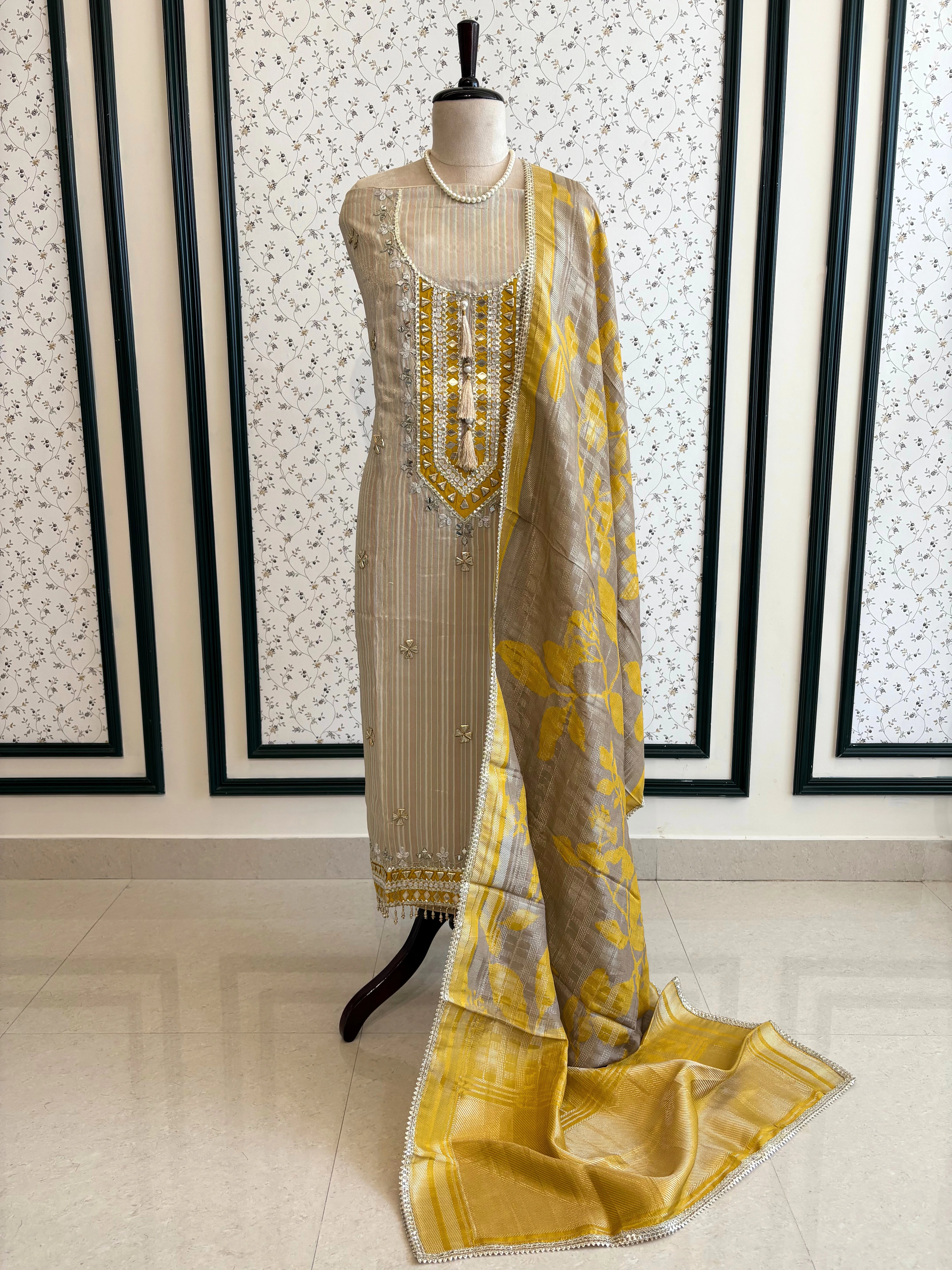 Beige & Yellow Shimmer Organza Suit with Gotta Patti Embroidery