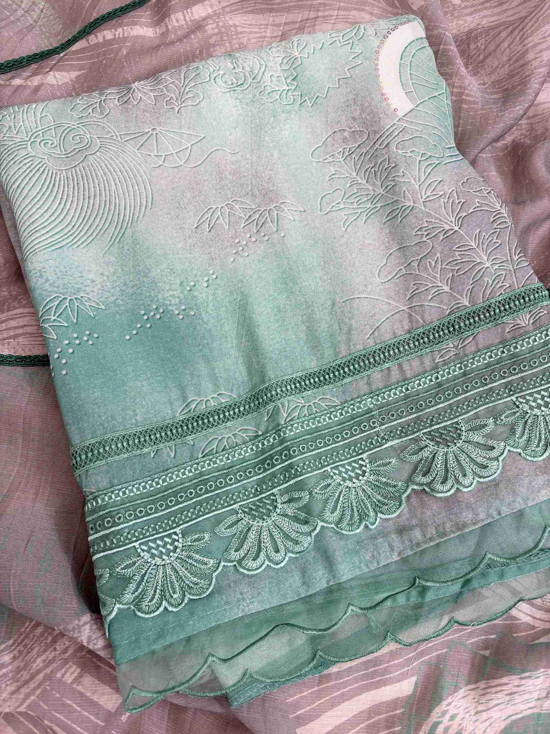 Grey Green Pure Muslin Digital Print Handwork Unstitched Suit Set
