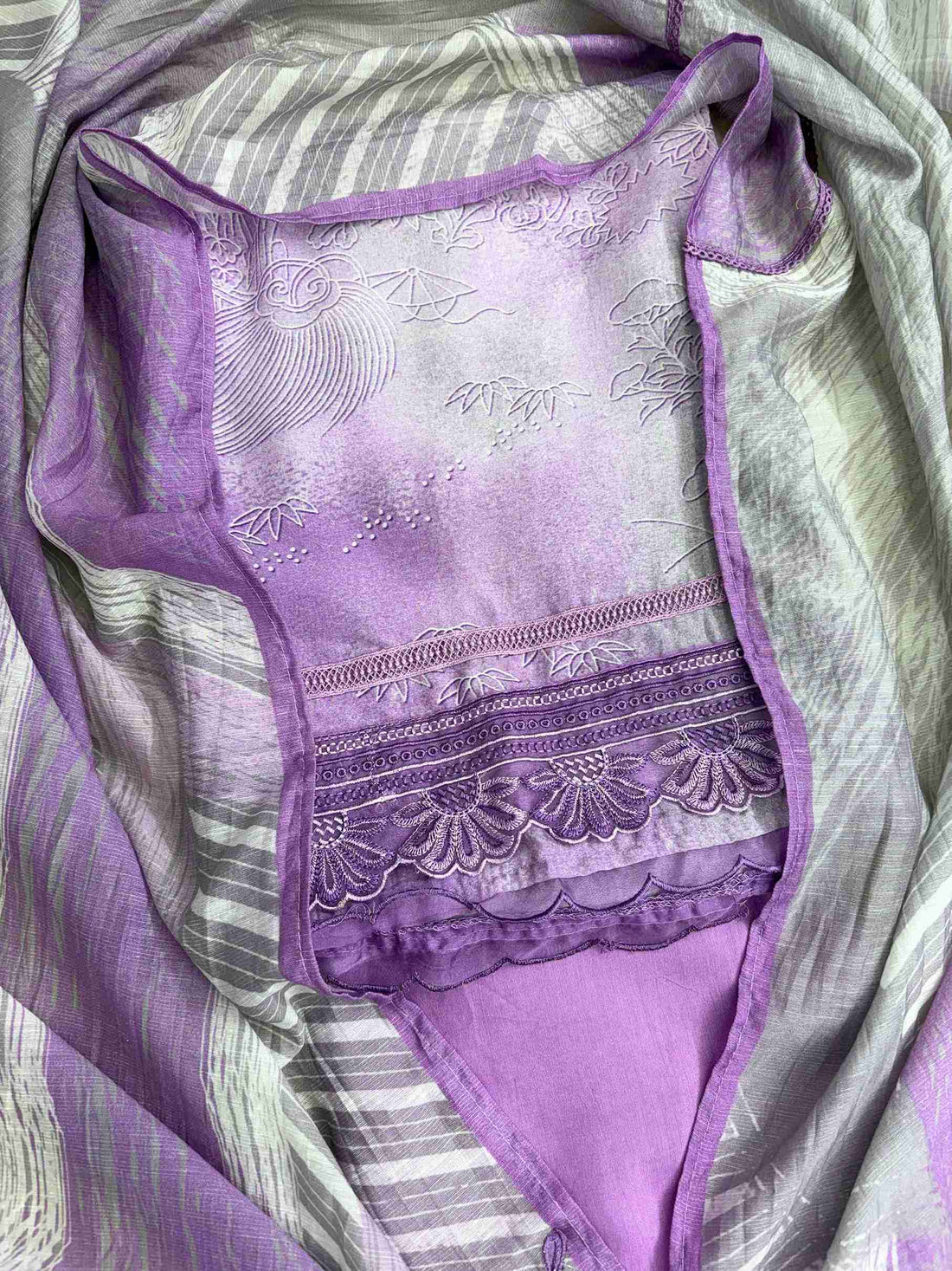 Grey Lavendar Pure Muslin Digital Print Handwork Unstitched Suit Set